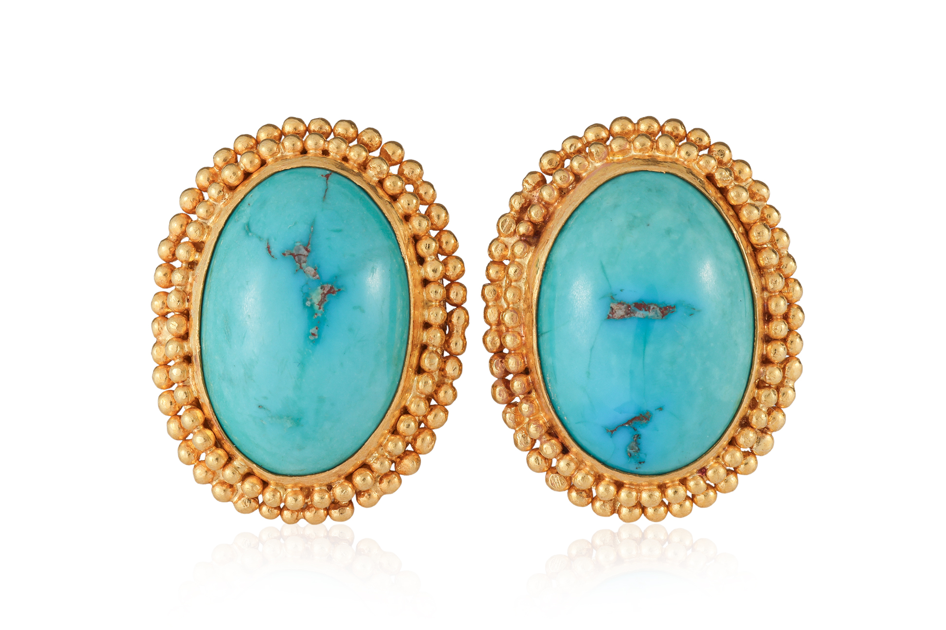 A PAIR OF TURQUOISE AND GOLD-TONE OVAL EARRINGS