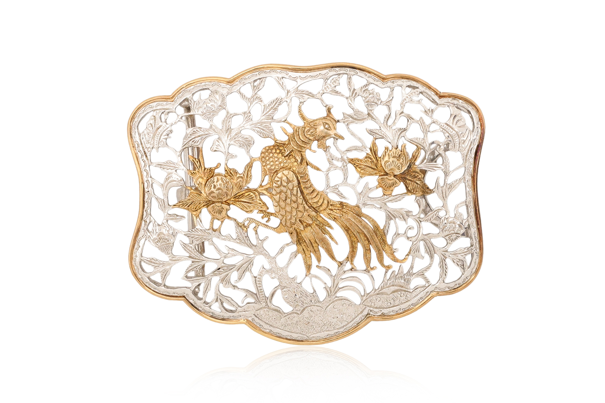 A SILVER AND GOLD 'PHOENIX AND PEONY' OPENWORK BELT BUCKLE