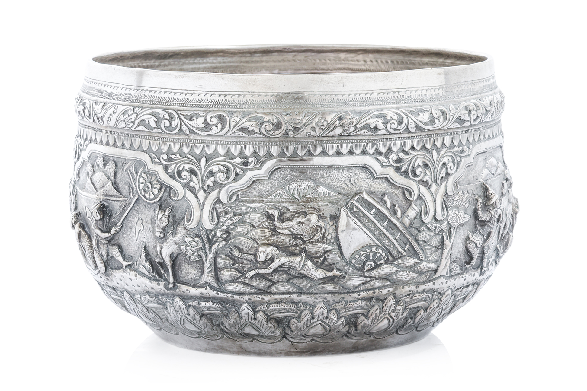 A LARGE BURMESE SILVER OFFERING BOWL