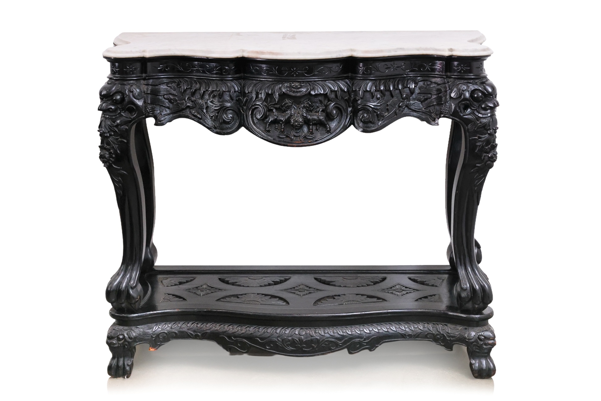 A CARVED WOOD AND MARBLE-TOP CONSOLE TABLE