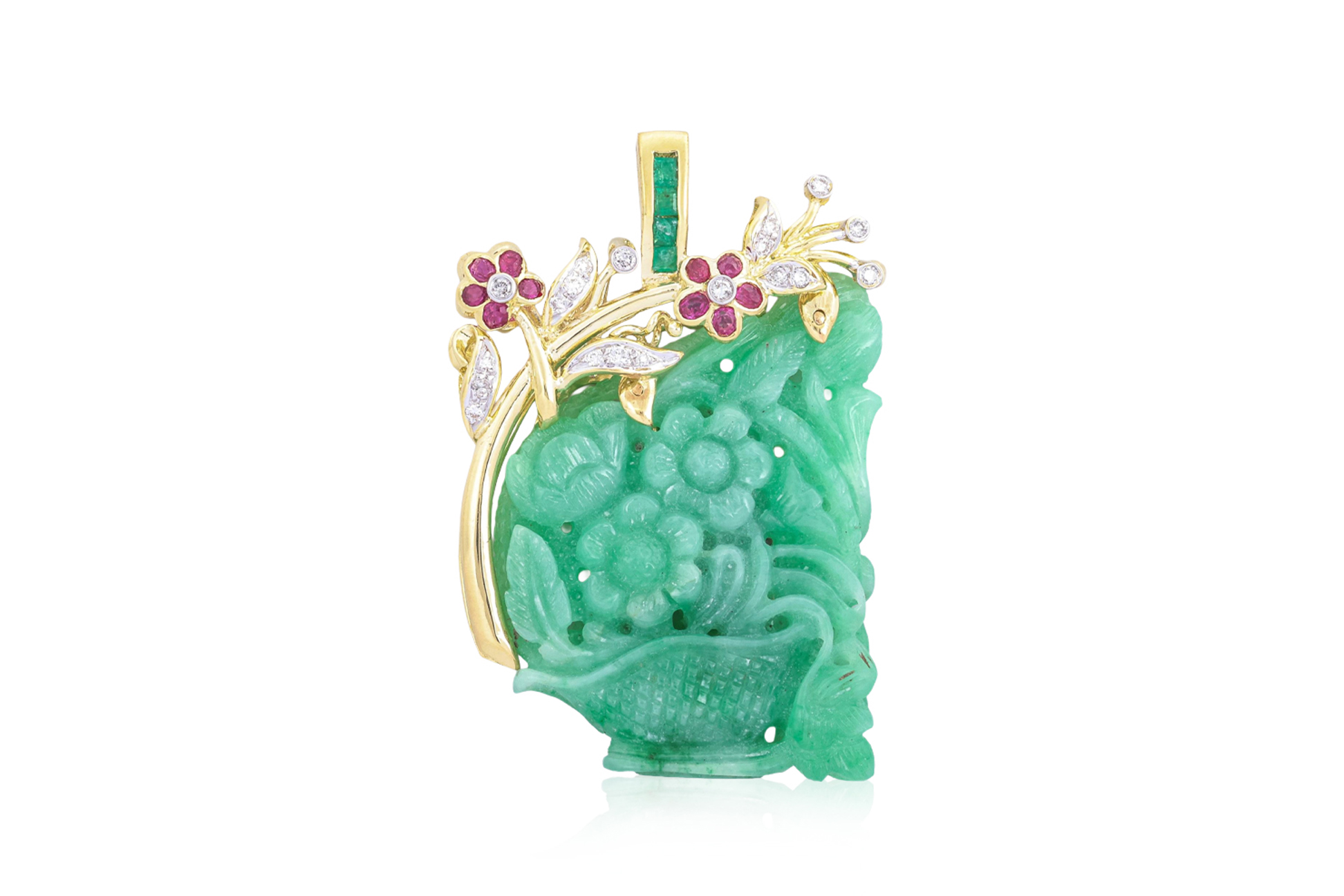 A CARVED 'FLOWER BASKET' JADE, RUBY, EMERALD AND DIAMOND PENDANT