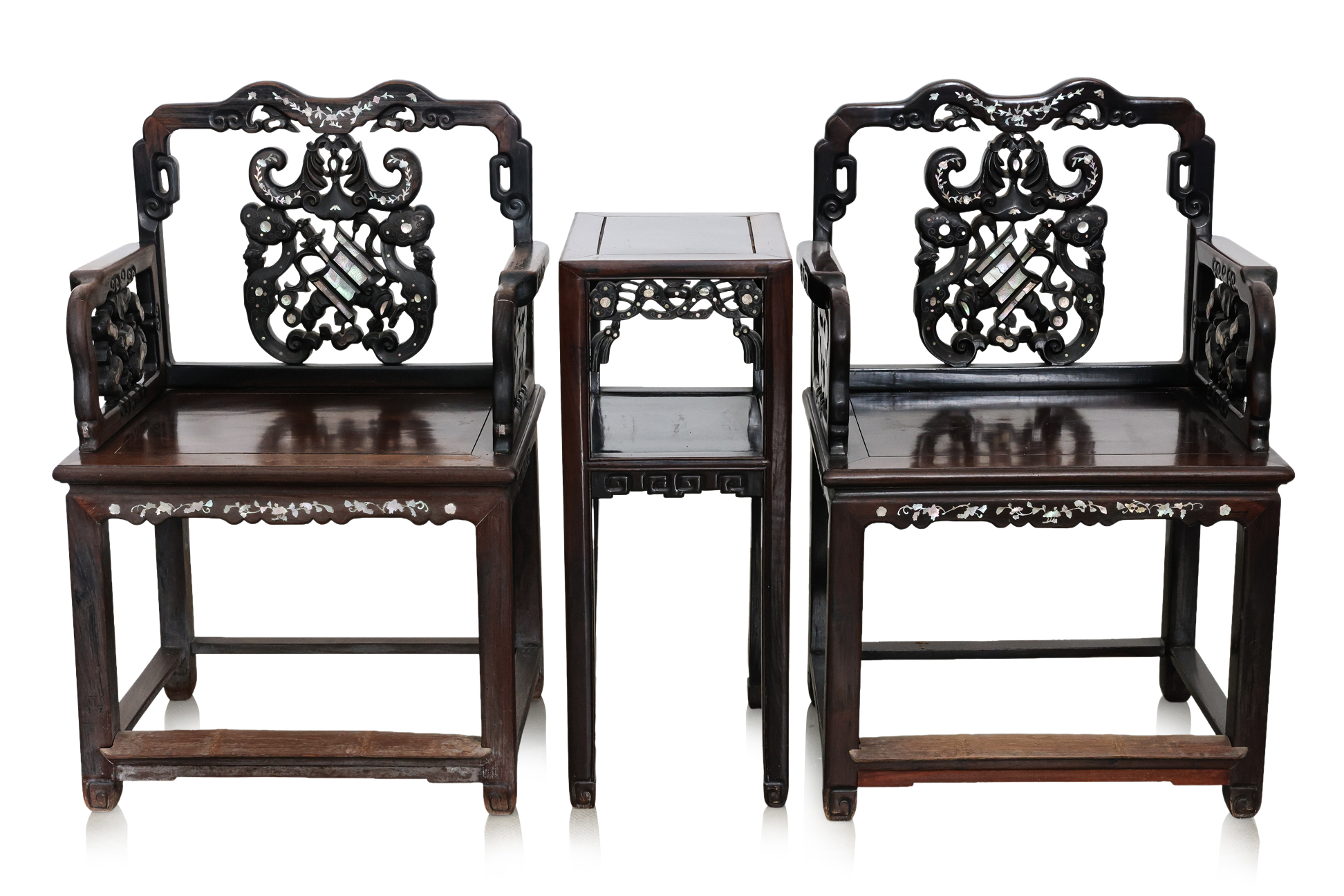 A PAIR OF MOTHER OF PEARL INLAID ARMCHAIRS AND TABLE