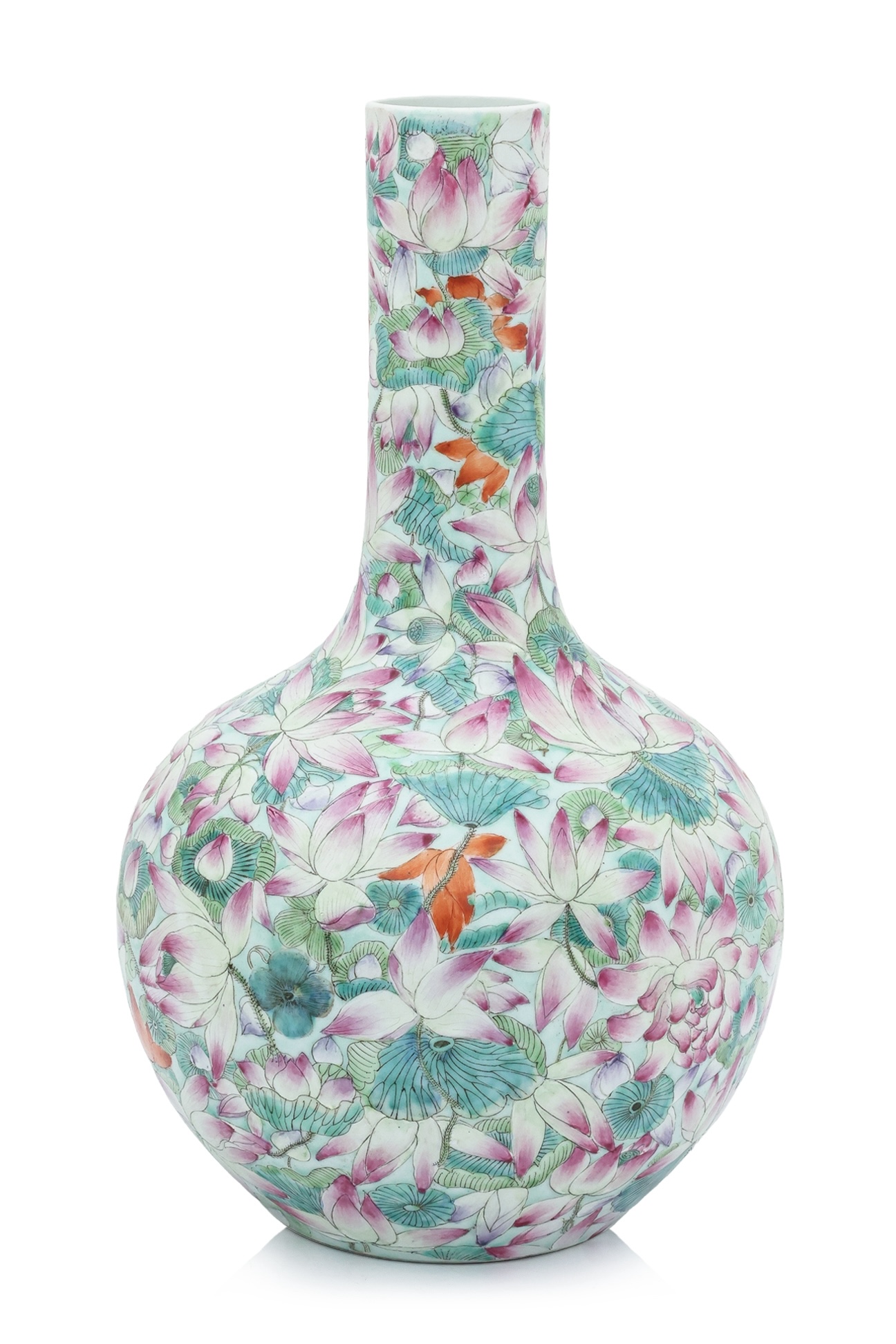 A FAMILLE ROSE LOTUS DECORATED BOTTLE VASE