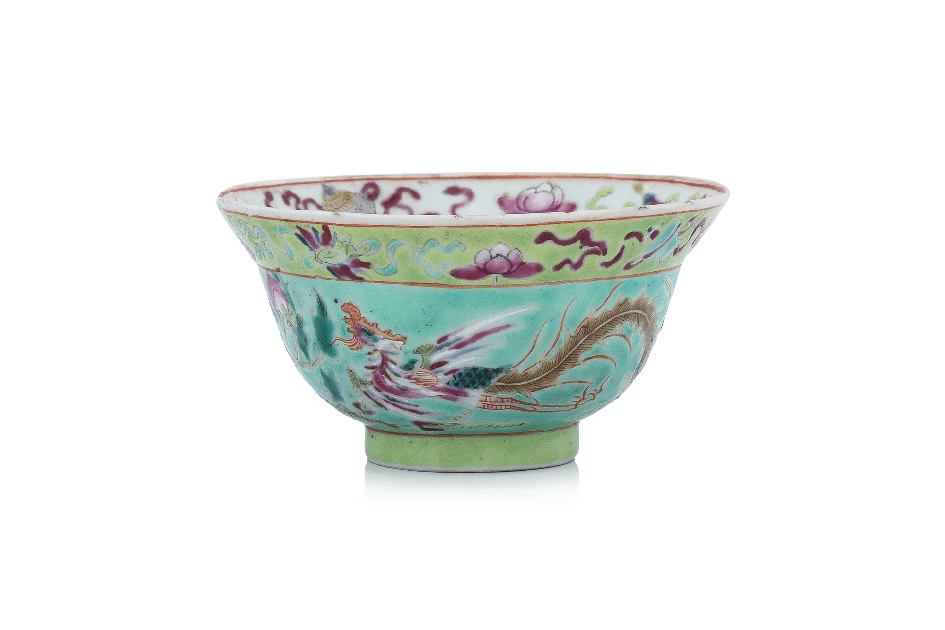 A TURQUOISE GROUND FAMILLE ROSE PHOENIX AND PEONY BOWL