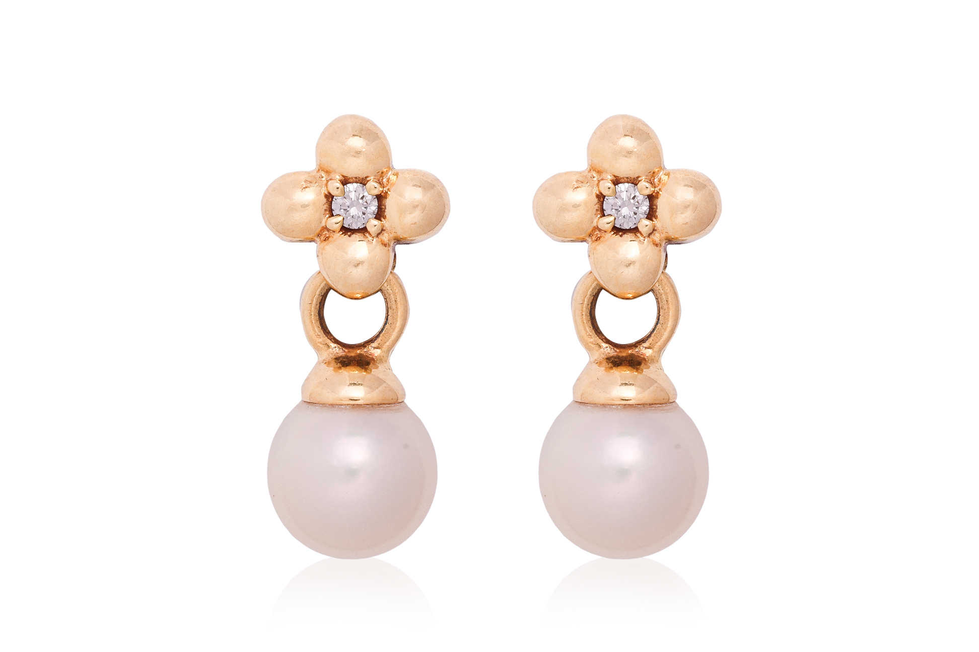 A PAIR OF AKOYA CULTURED PEARL AND DIAMOND STUD EARRINGS BY MIKIMOTO