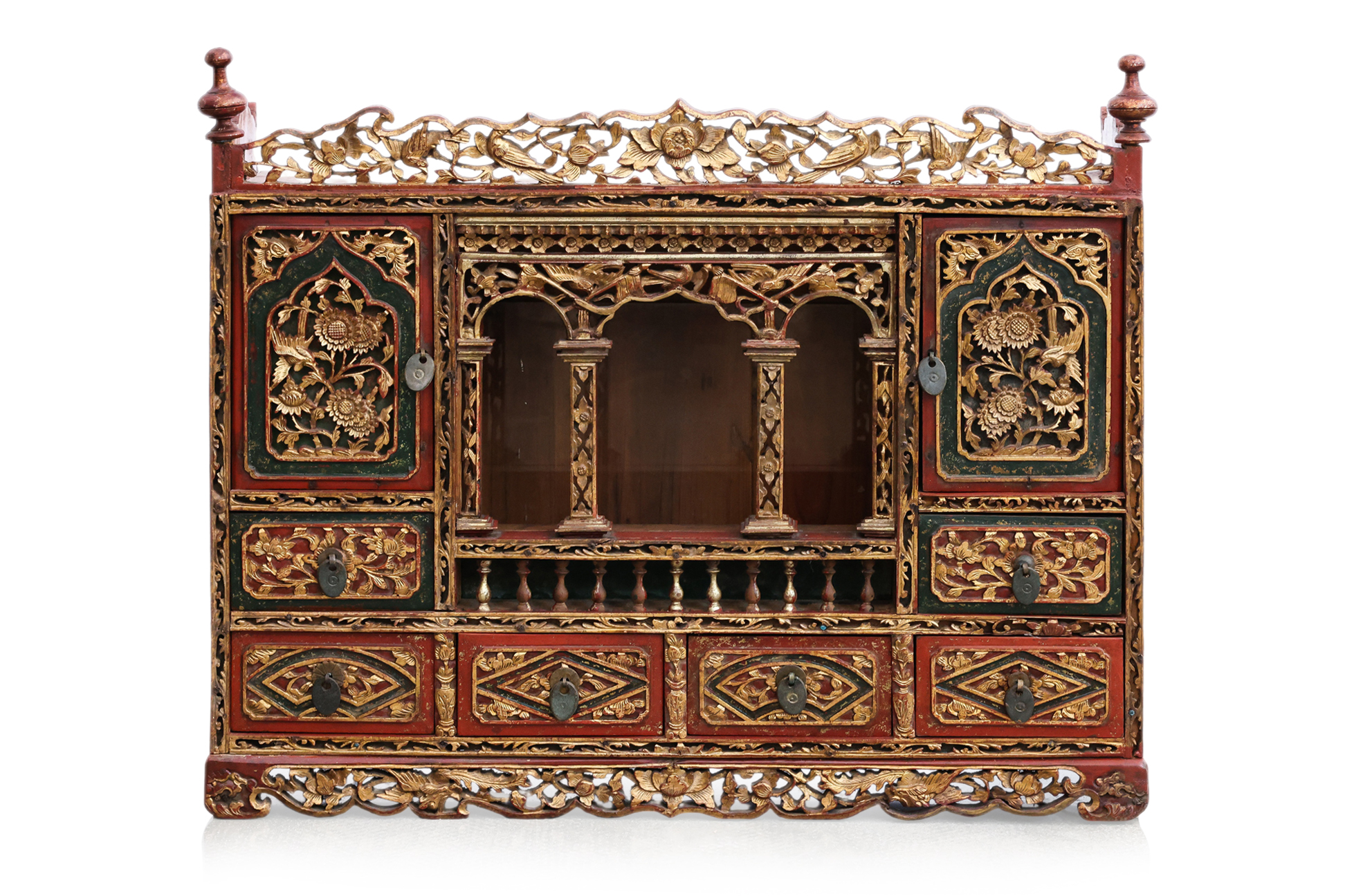 A FINELY CARVED AND GILT PERANAKAN TABLE-TOP CABINET