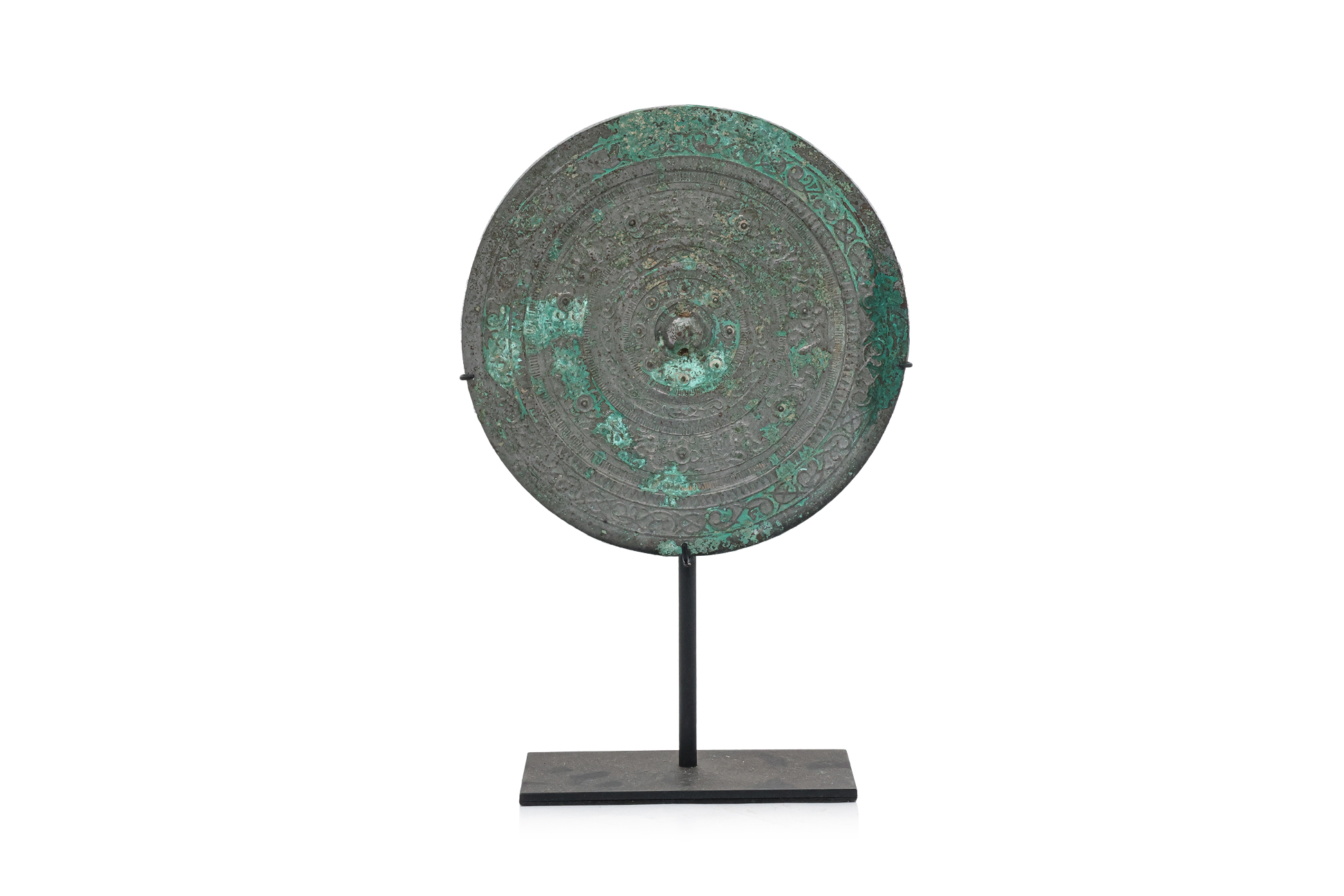 A LARGE BRONZE CIRCULAR MIRROR