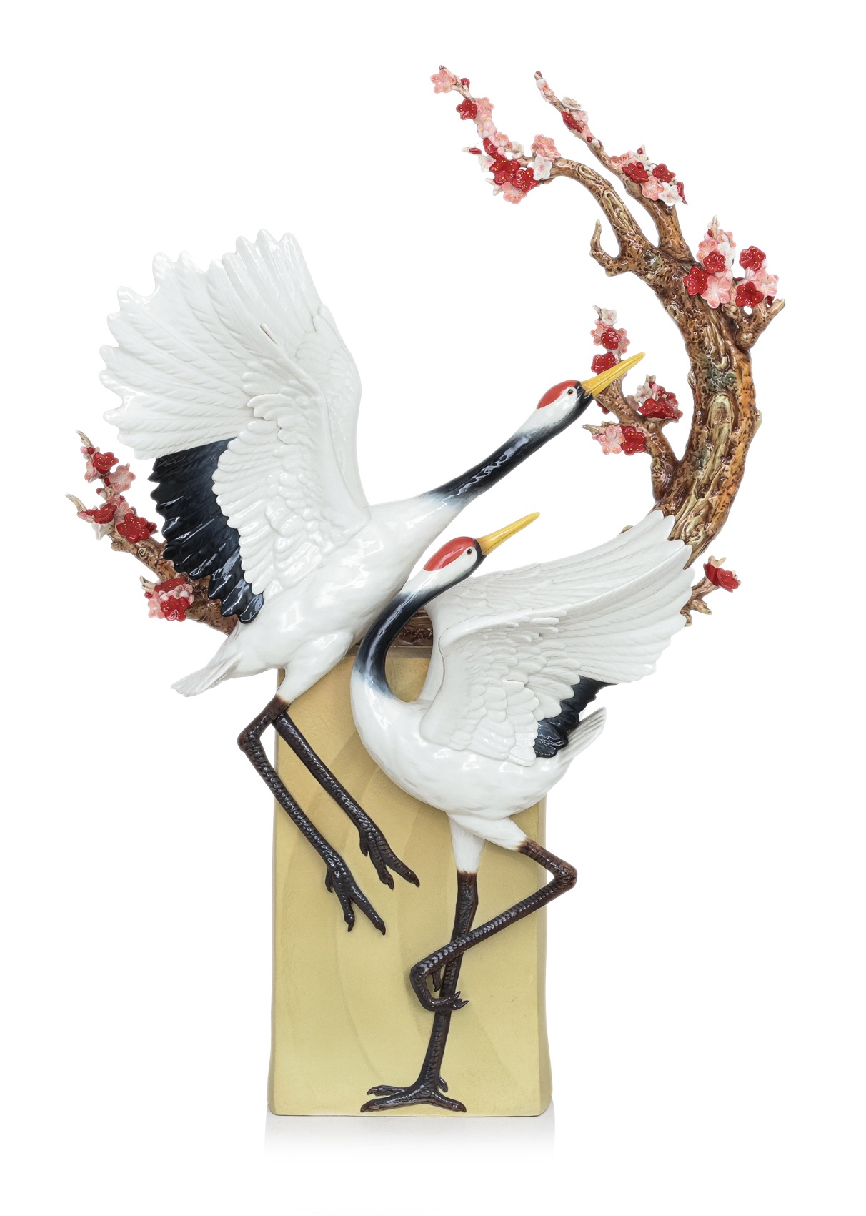 A LARGE FRANZ PORCELAIN CRANES AND BLOSSOM GROUP
