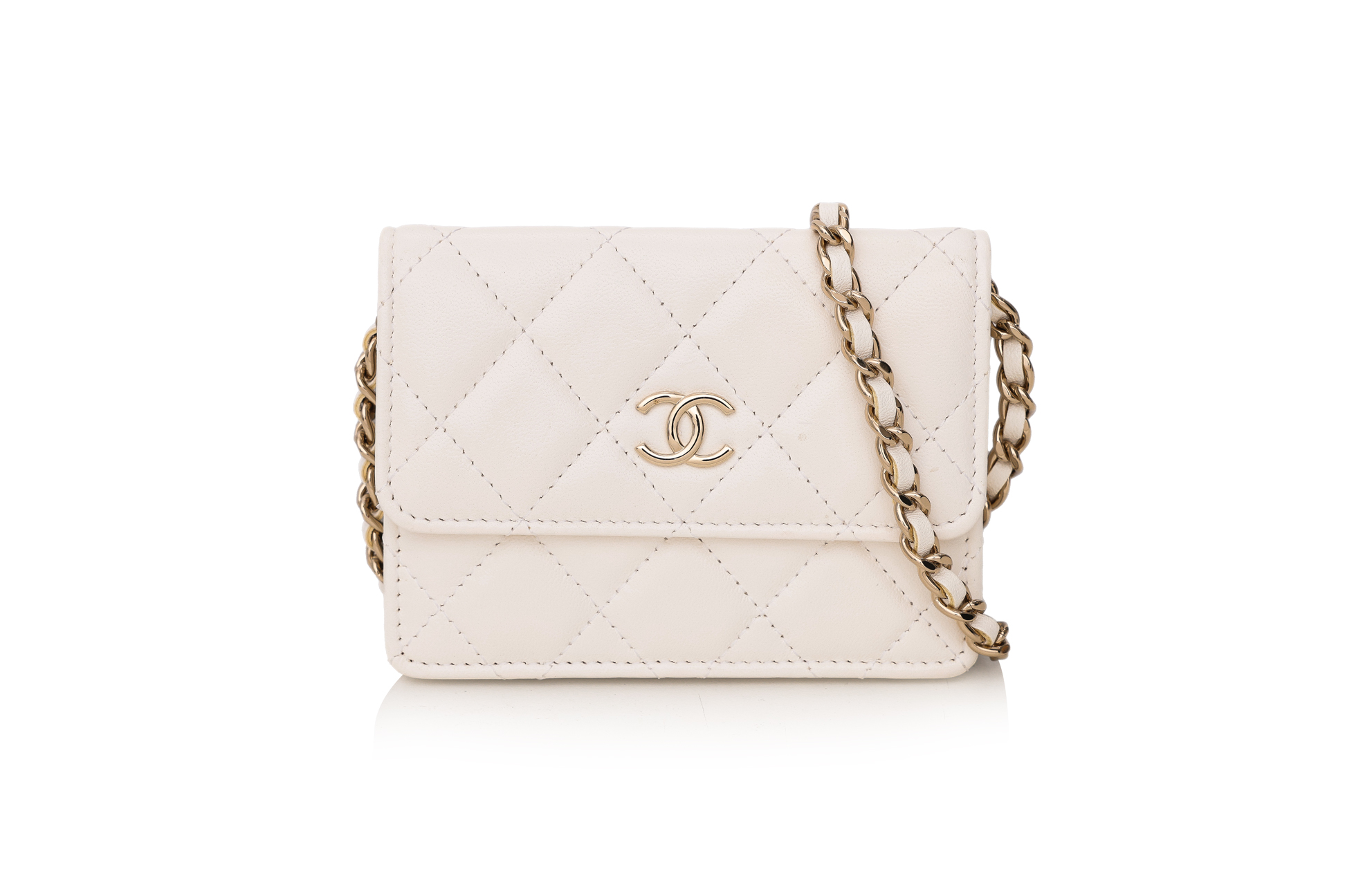 CHANEL CAMELLIA WALLET ON CHAIN IN WHITE QUILTED LEATHER, 2021