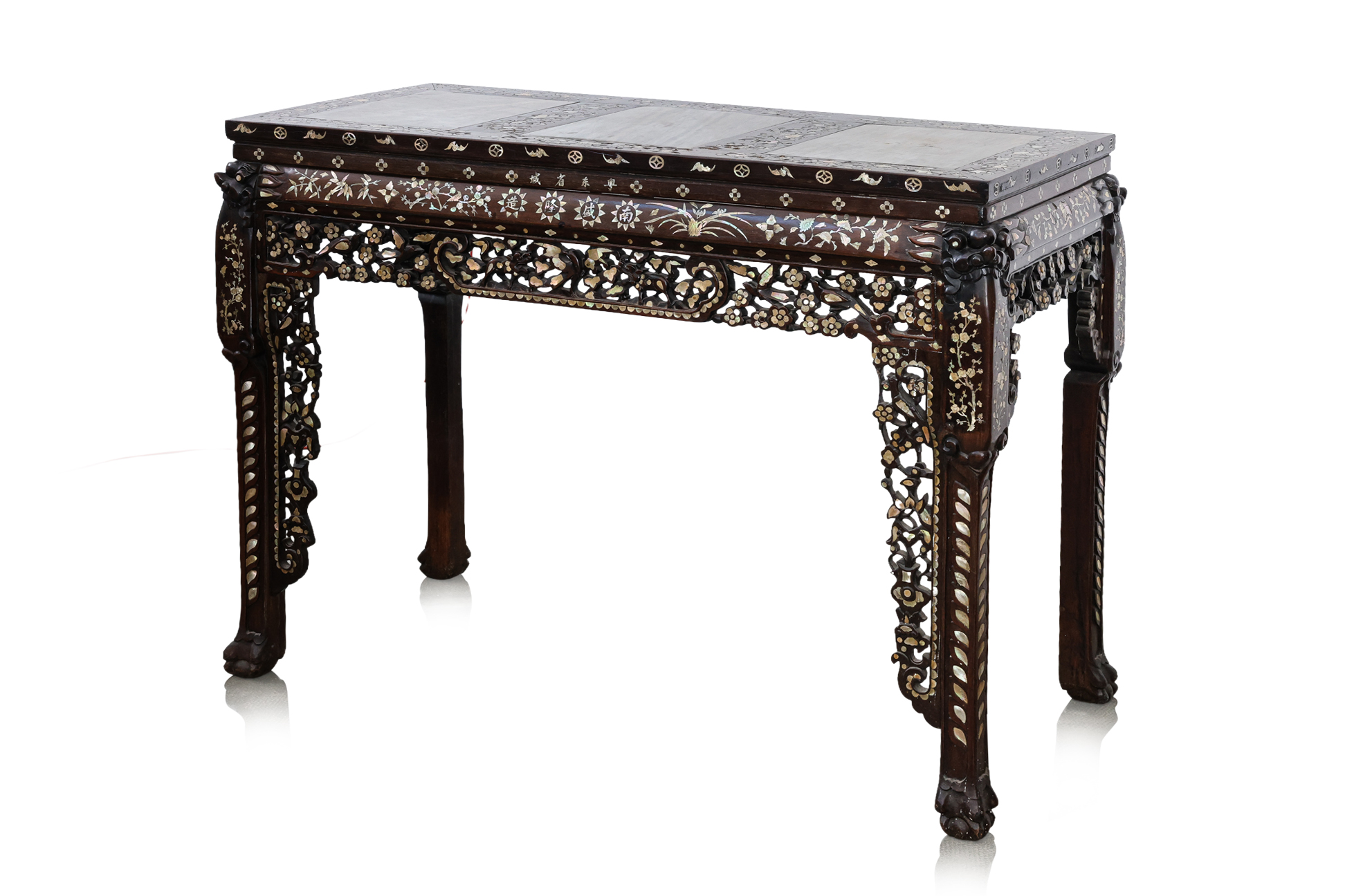 A CHINESE MOTHER-OF-PEARL INLAID HARDWOOD CONSOLE TABLE WITH MARBLE TOP