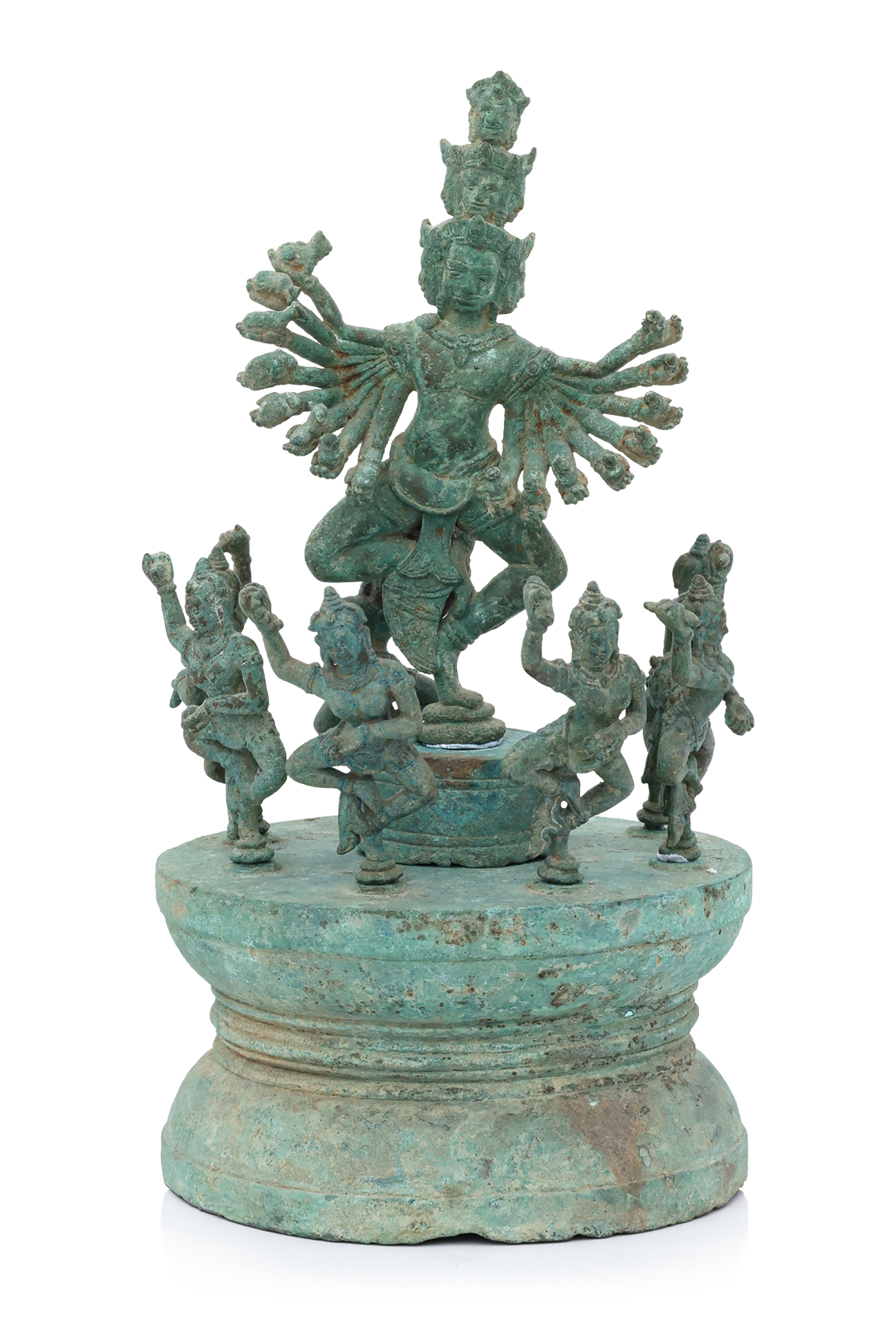 A CAMBODIAN BRONZE FIGURE OF HEVAJRA ON CIRCULAR STAND