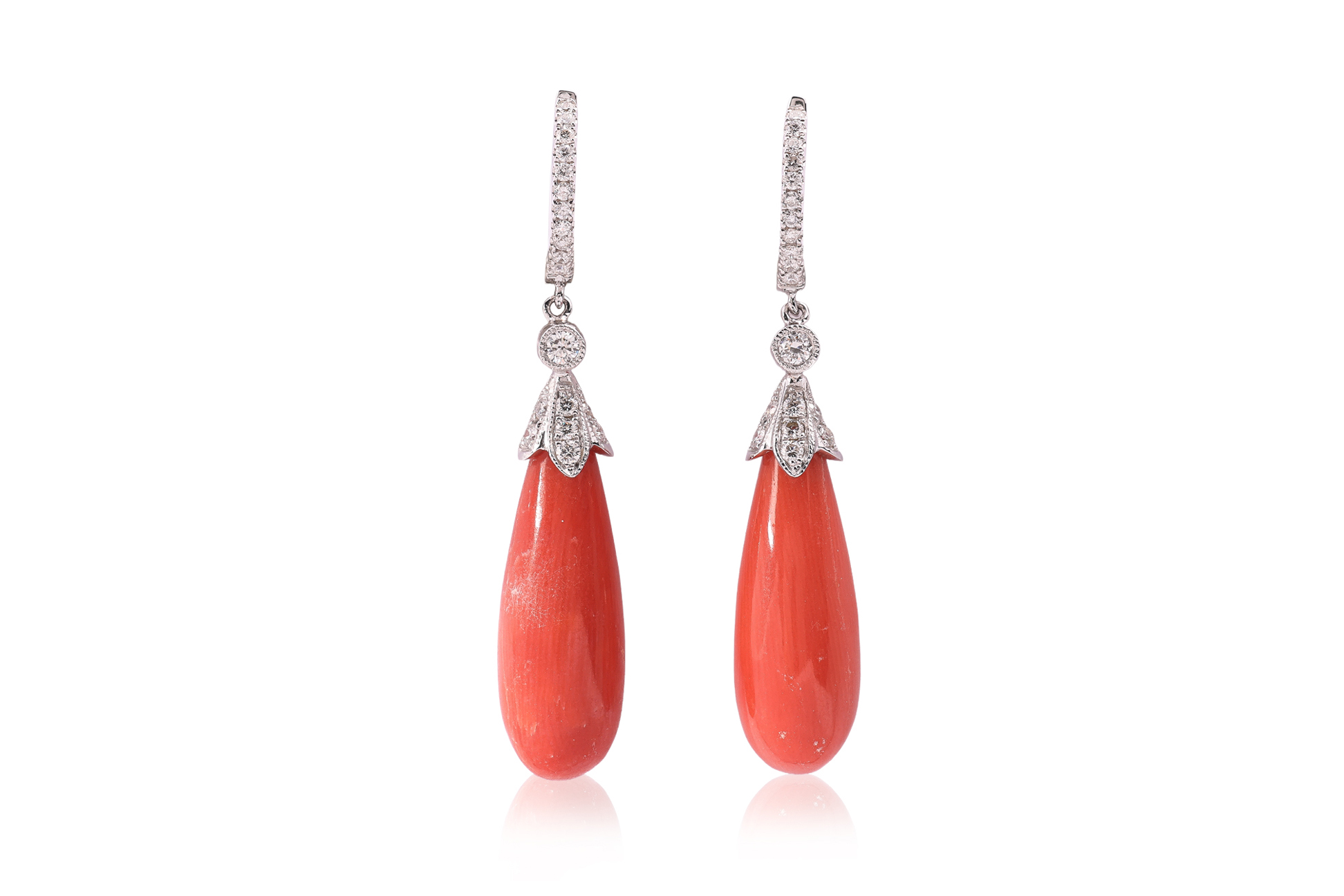 A PAIR OF CORAL AND DIAMOND HOOP EARRINGS