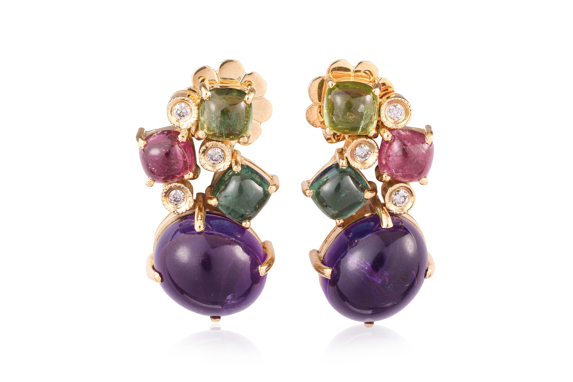 A PAIR OF MULTI-COLOURED GEMSTONE AND GOLD-TONE EARRINGS