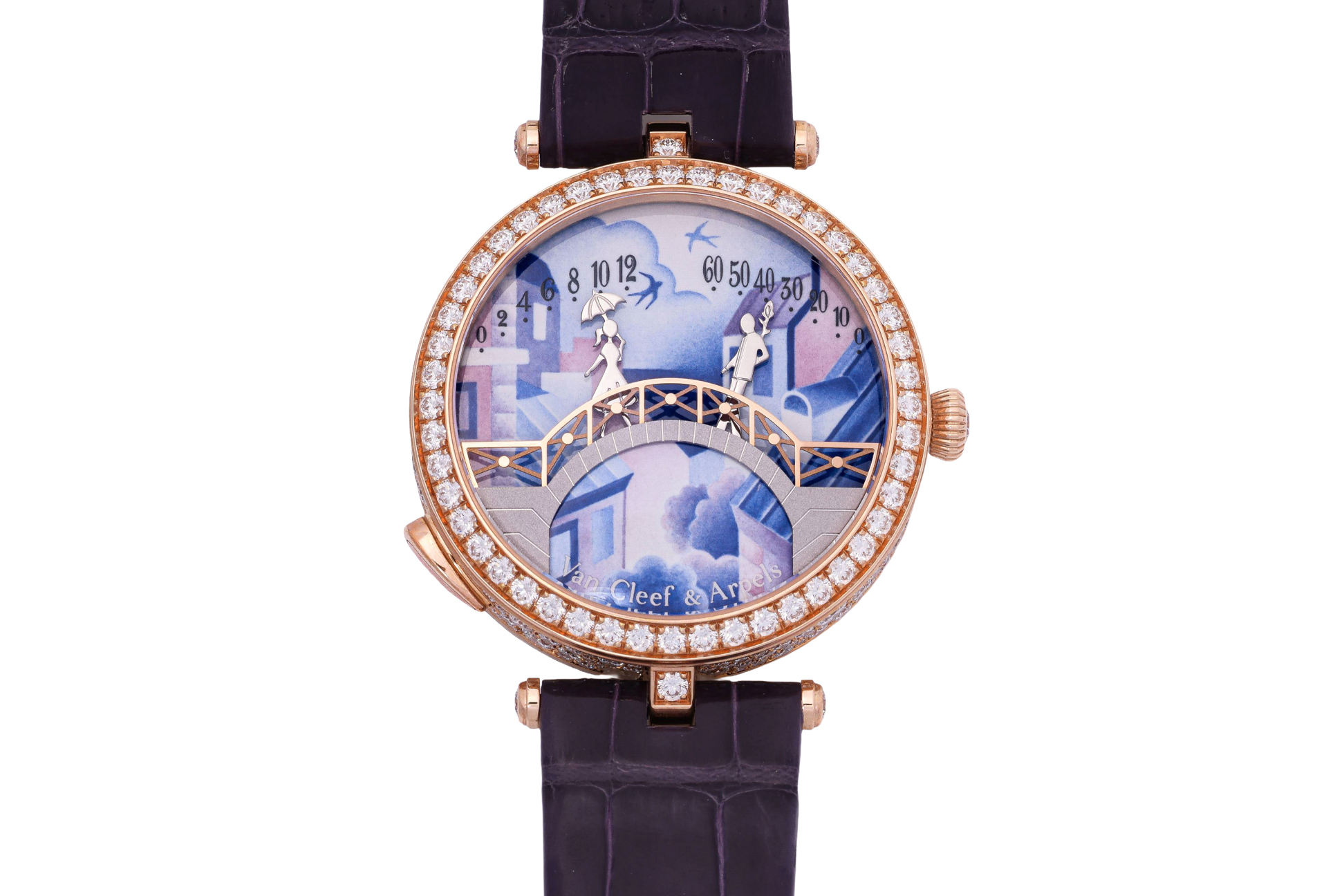 VAN CLEEF & ARPELS - A ROSE GOLD DIAMOND-SET ANIMATED DOUBLE RETROGRADE WRISTWATCH