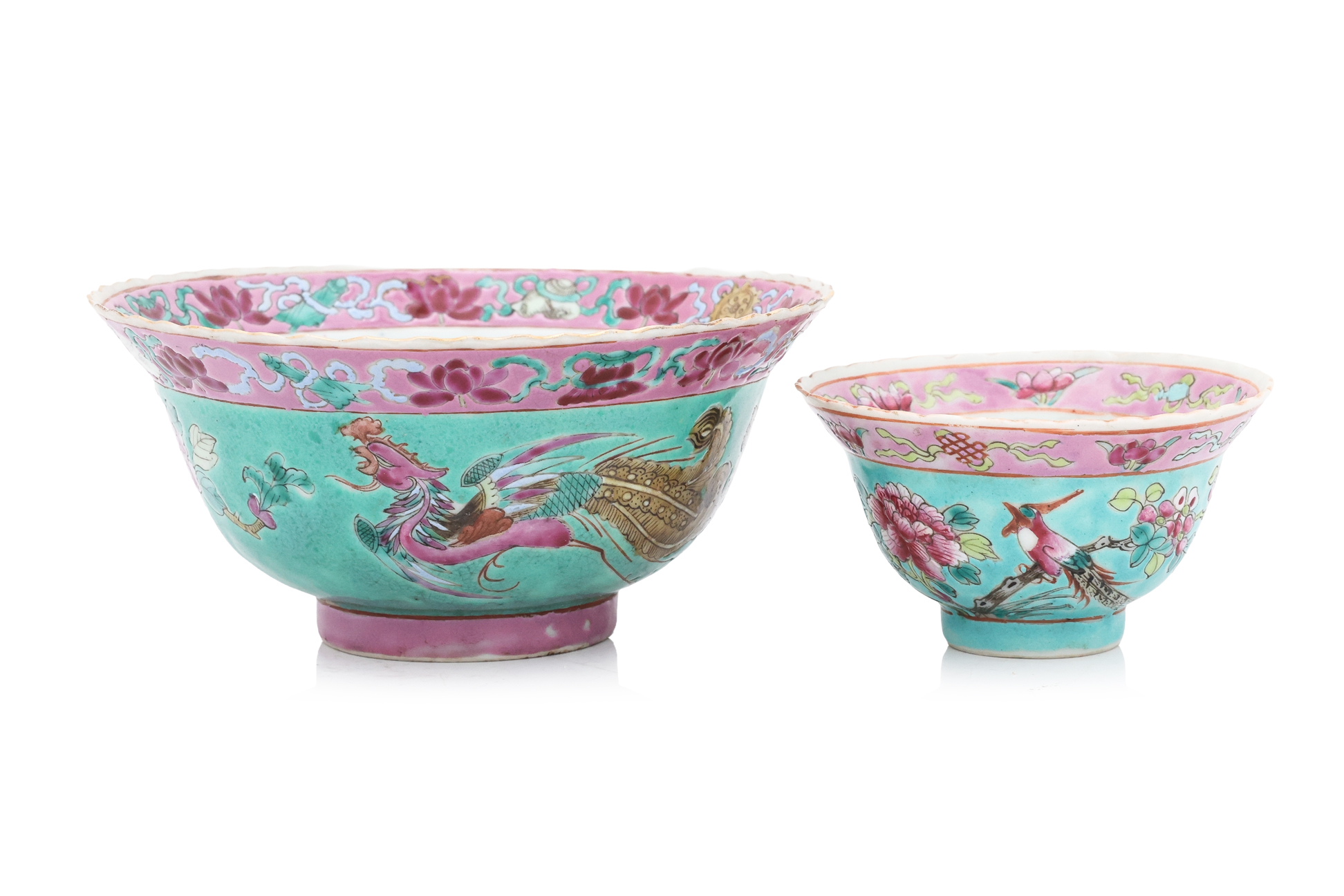 TWO TURQUOISE GROUND FAMILLE ROSE BOWLS