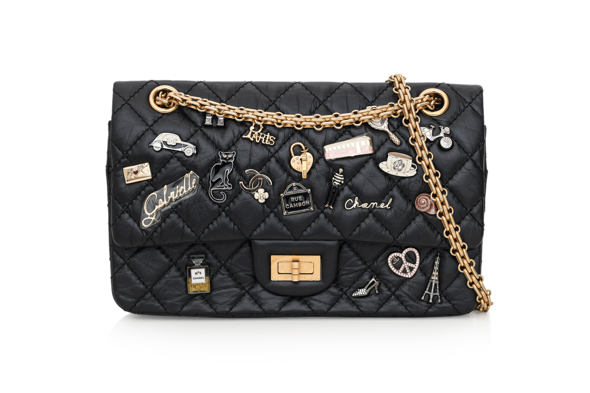 CHANEL 'LUCKY CHARMS' 2.55 REISSUE DOUBLE FLAP BAG IN BLACK QUILTED CALFSKIN, 2018