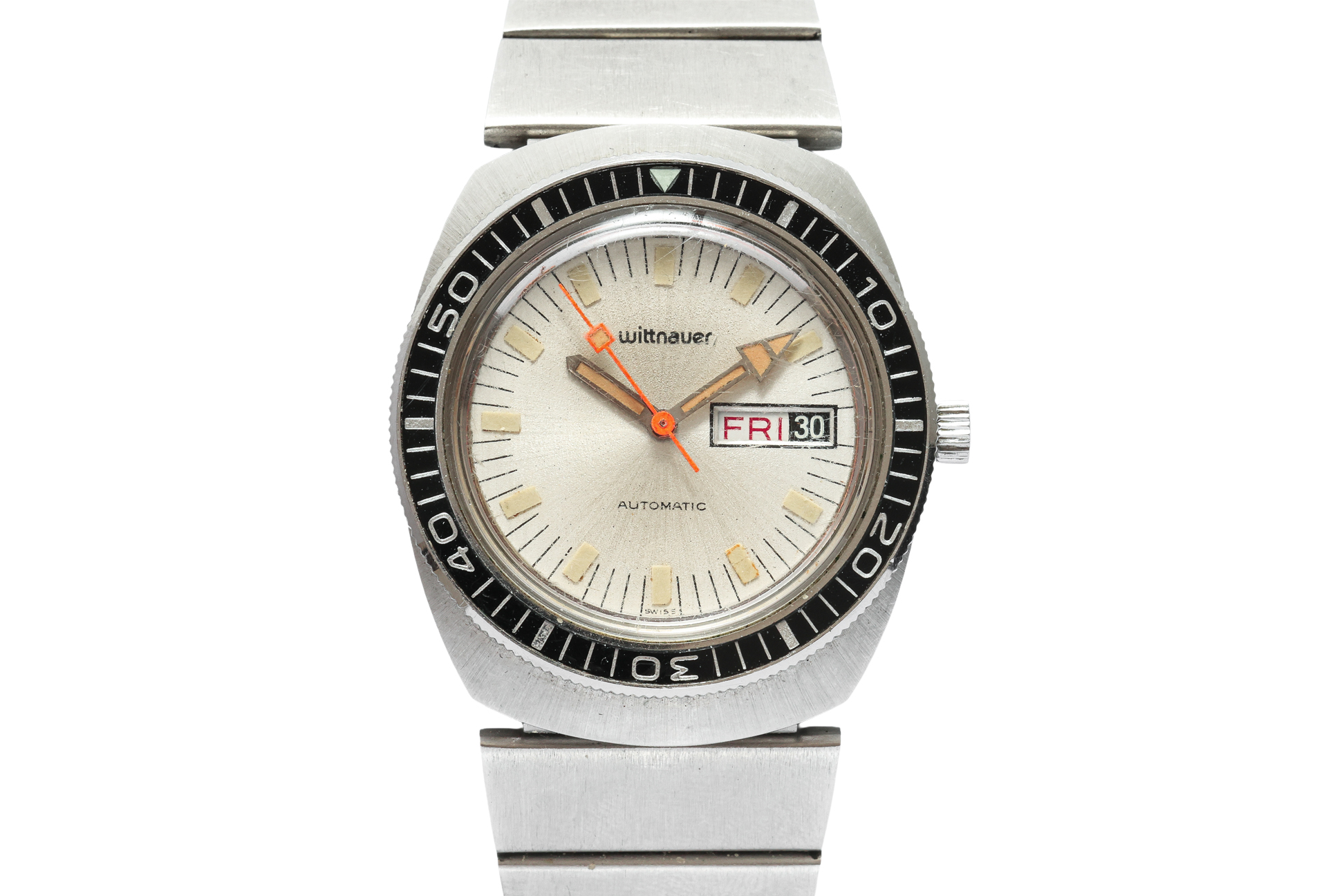 WITTNAUER - AN AUTOMATIC STAINLESS STEEL WRISTWATCH WITH DAY-DATE [WITH BOX]