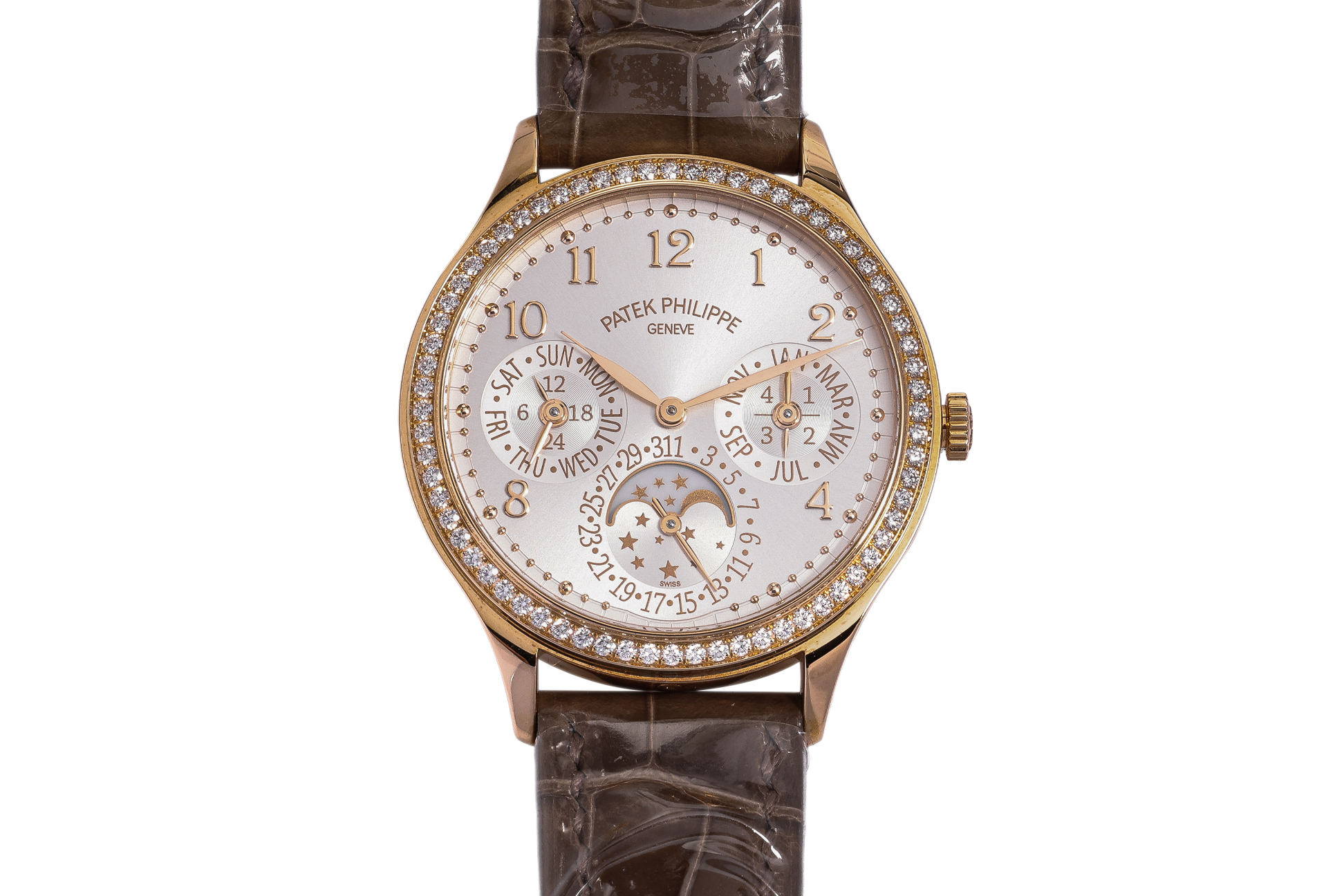 PATEK PHILIPPE - AN 18K ROSE GOLD DIAMOND-SET AUTOMATIC PERPETUAL CALENDAR WRISTWATCH [WITH PAPERS]