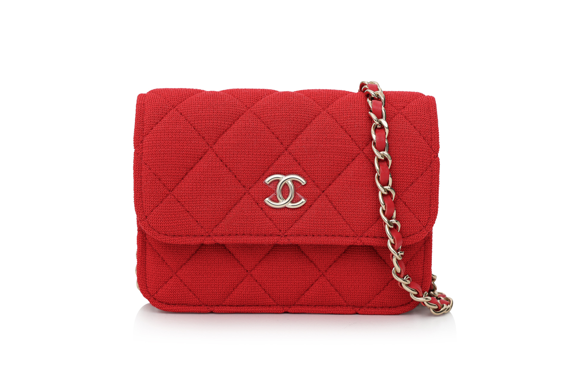 CHANEL MICRO CLUTCH WITH CHAIN IN RED QUILTED JERSEY