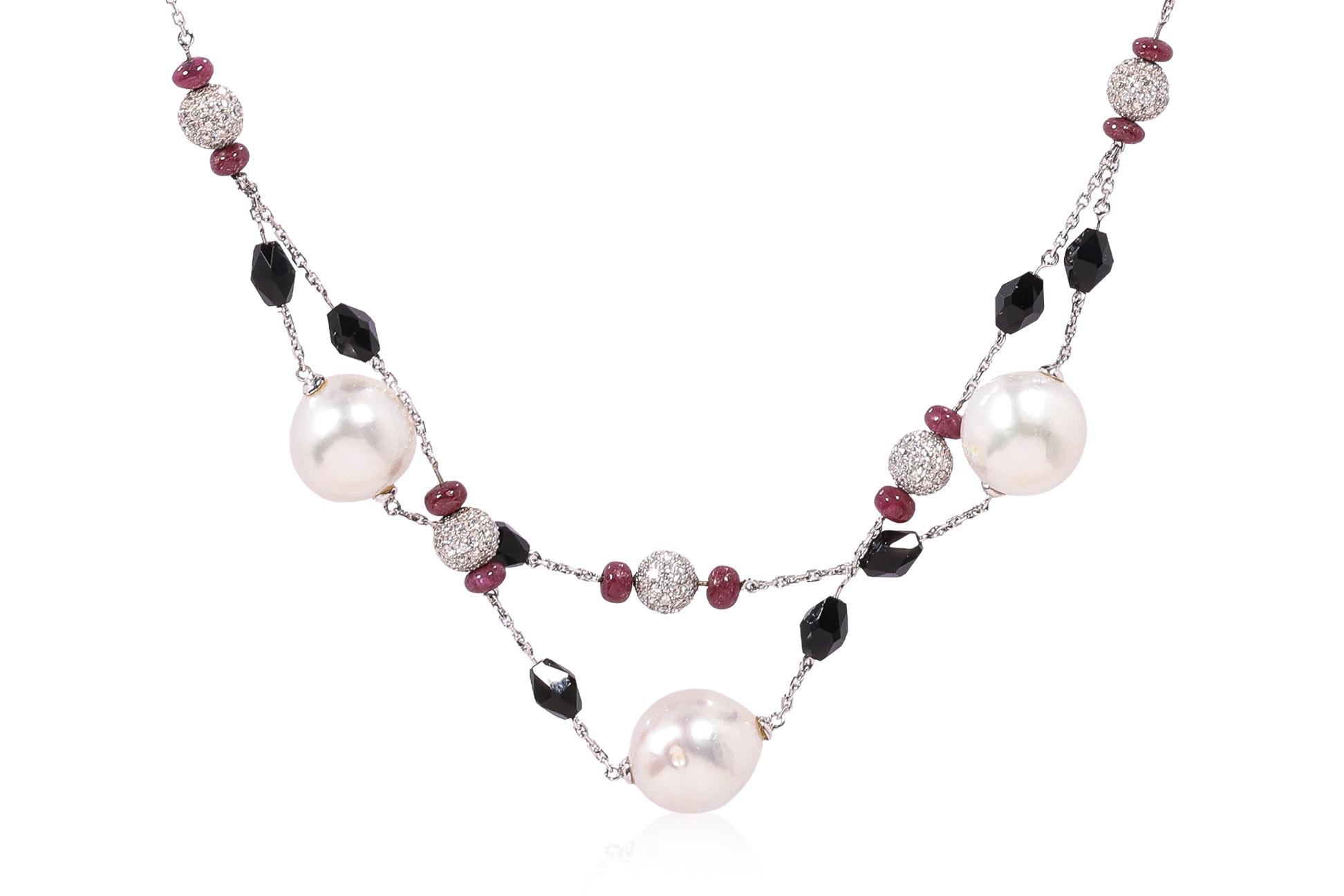 A BAROQUE CULTURED PEARL, RUBY, ONYX AND DIAMOND NECKLACE