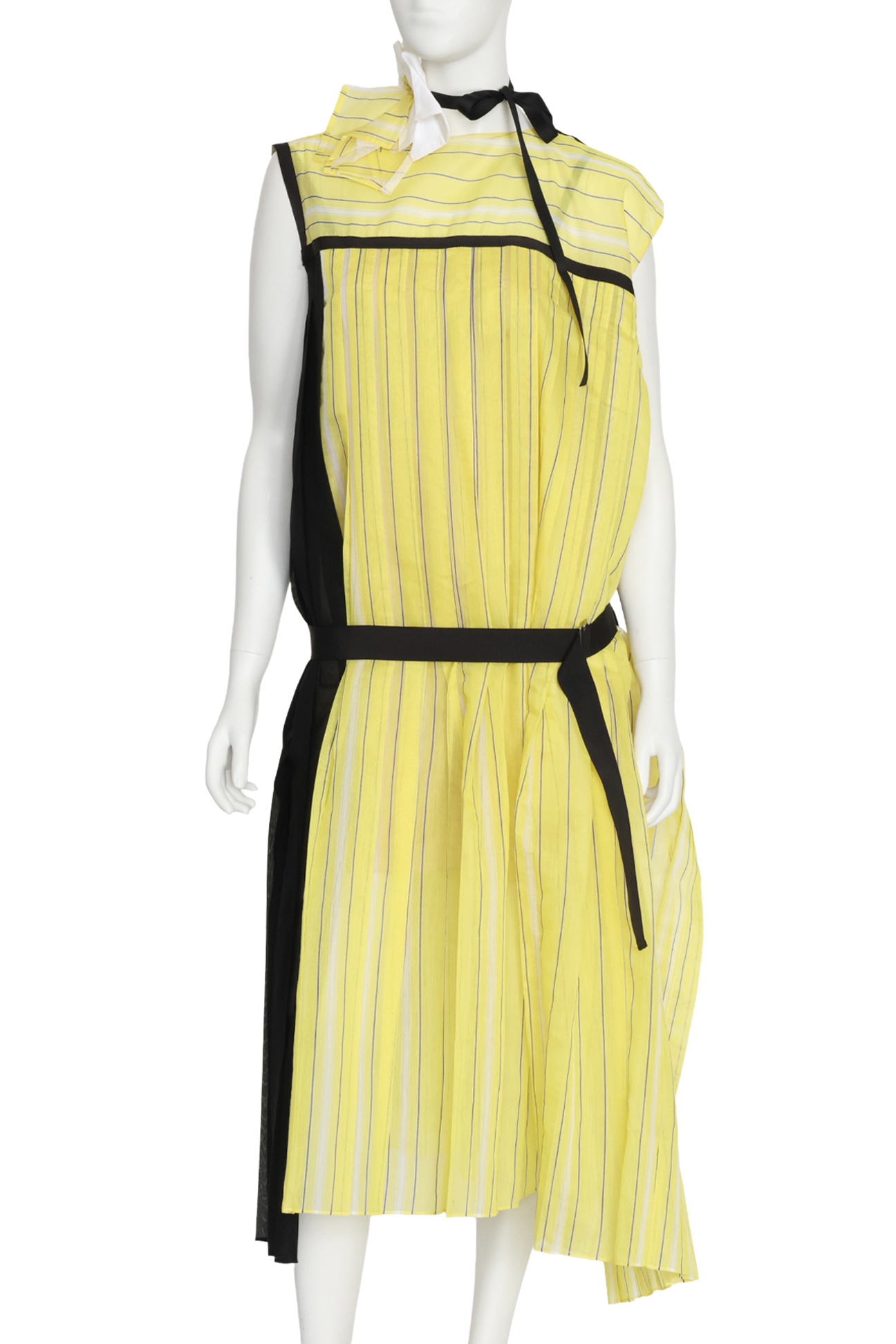 SACAI - A PLEATED YELLOW AND BLACK STRIPED DRESS, SPRING RTW 2019