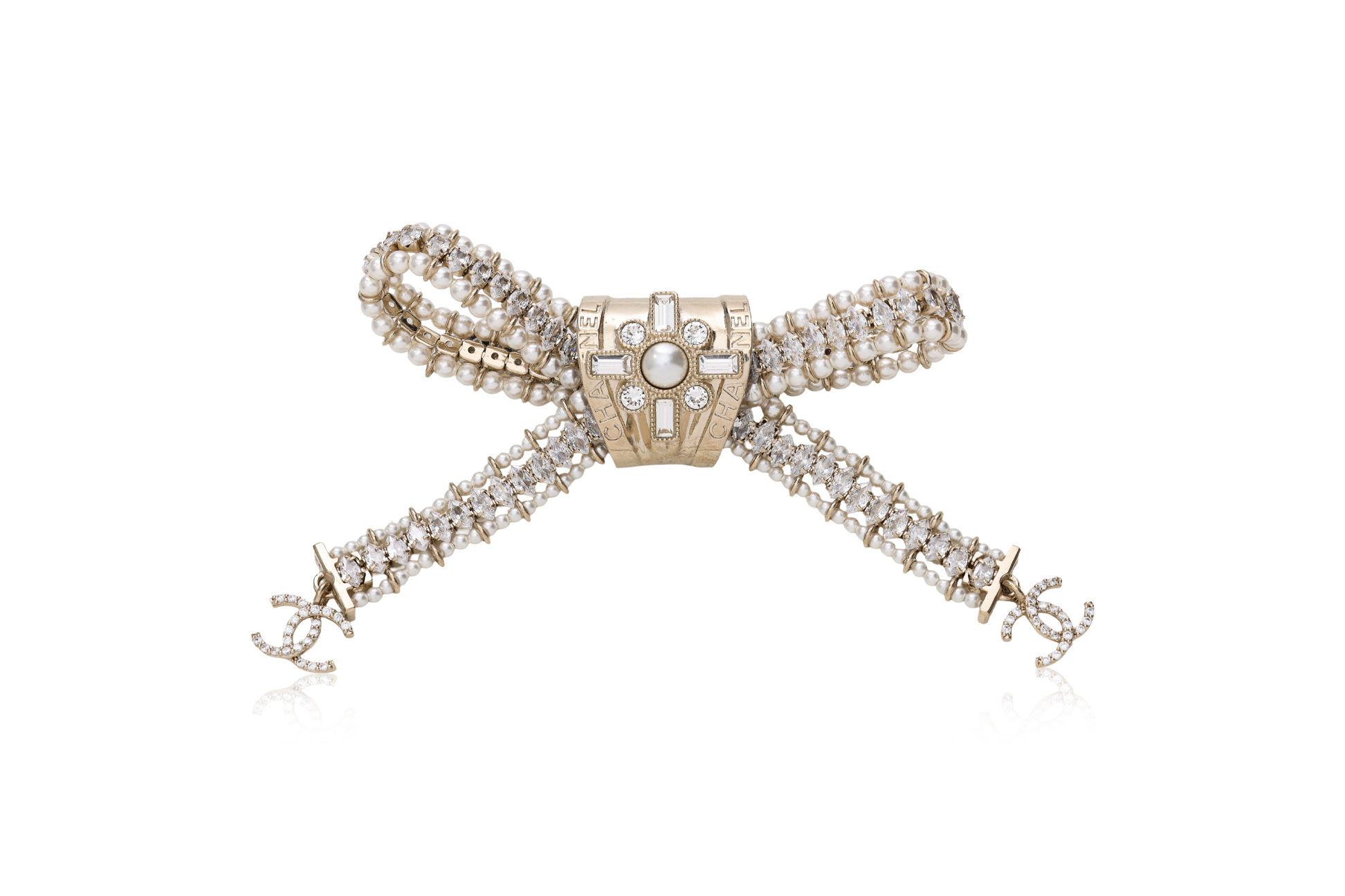 CHANEL BOW BROOCH WITH FAUX PEARLS AND 'CC' MOTIFS, 2022