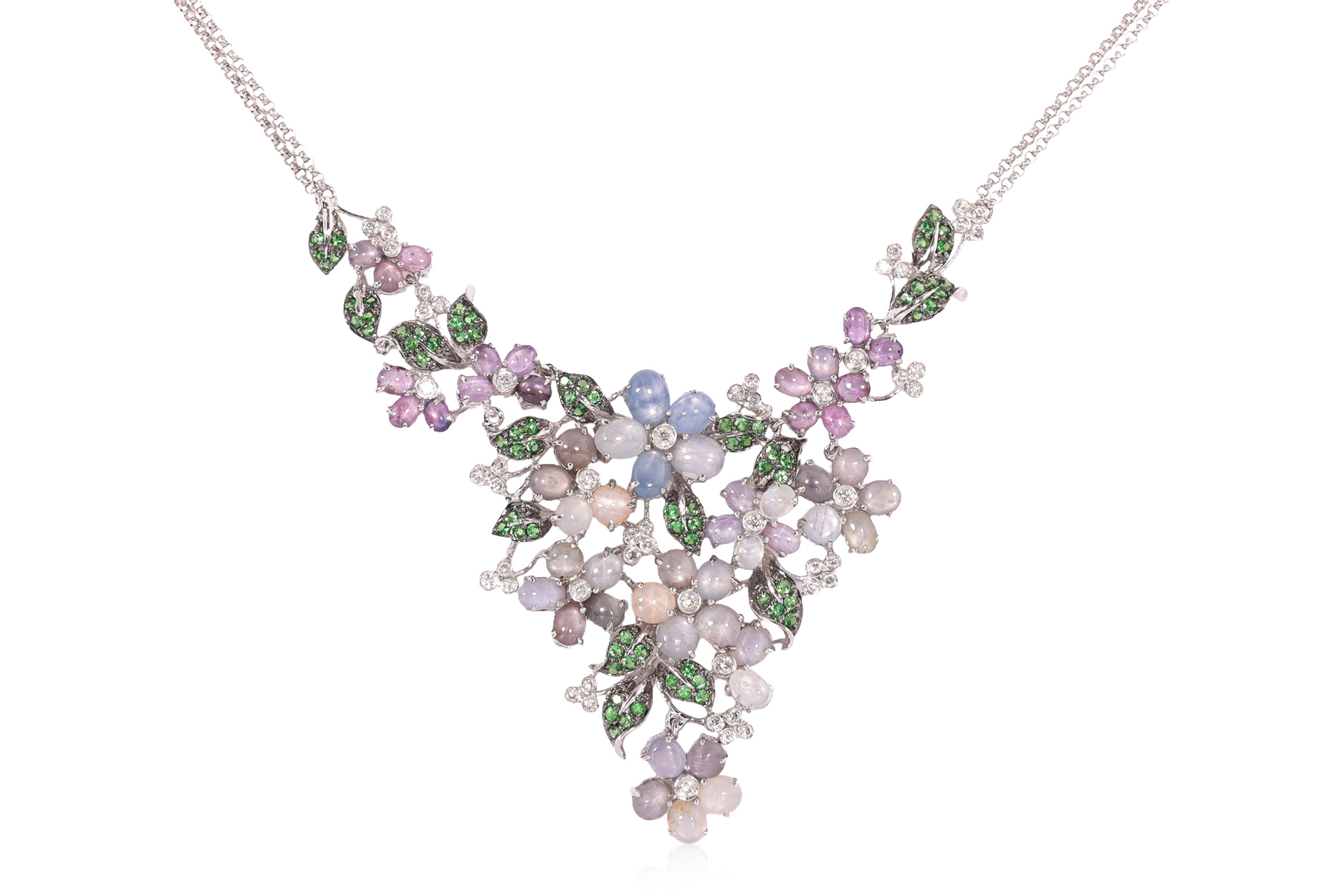A MULTI-COLOUR STAR SAPPHIRE, TSAVORITE AND DIAMOND NECKLACE