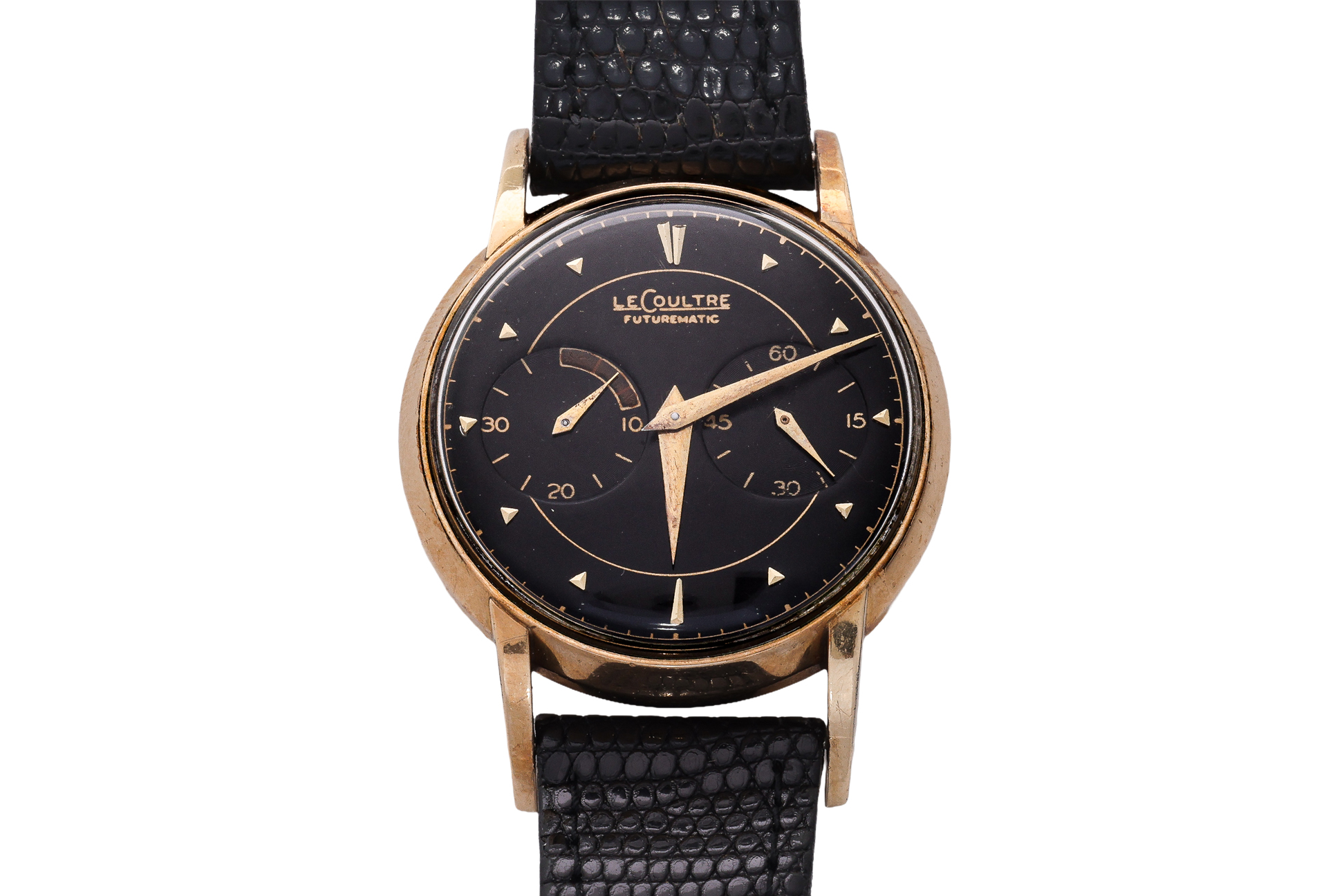 JAEGER LECOULTRE - A 14K GOLD 'FUTUREMATIC' BUMPER AUTOMATIC WRISTWATCH [WITH BOX]
