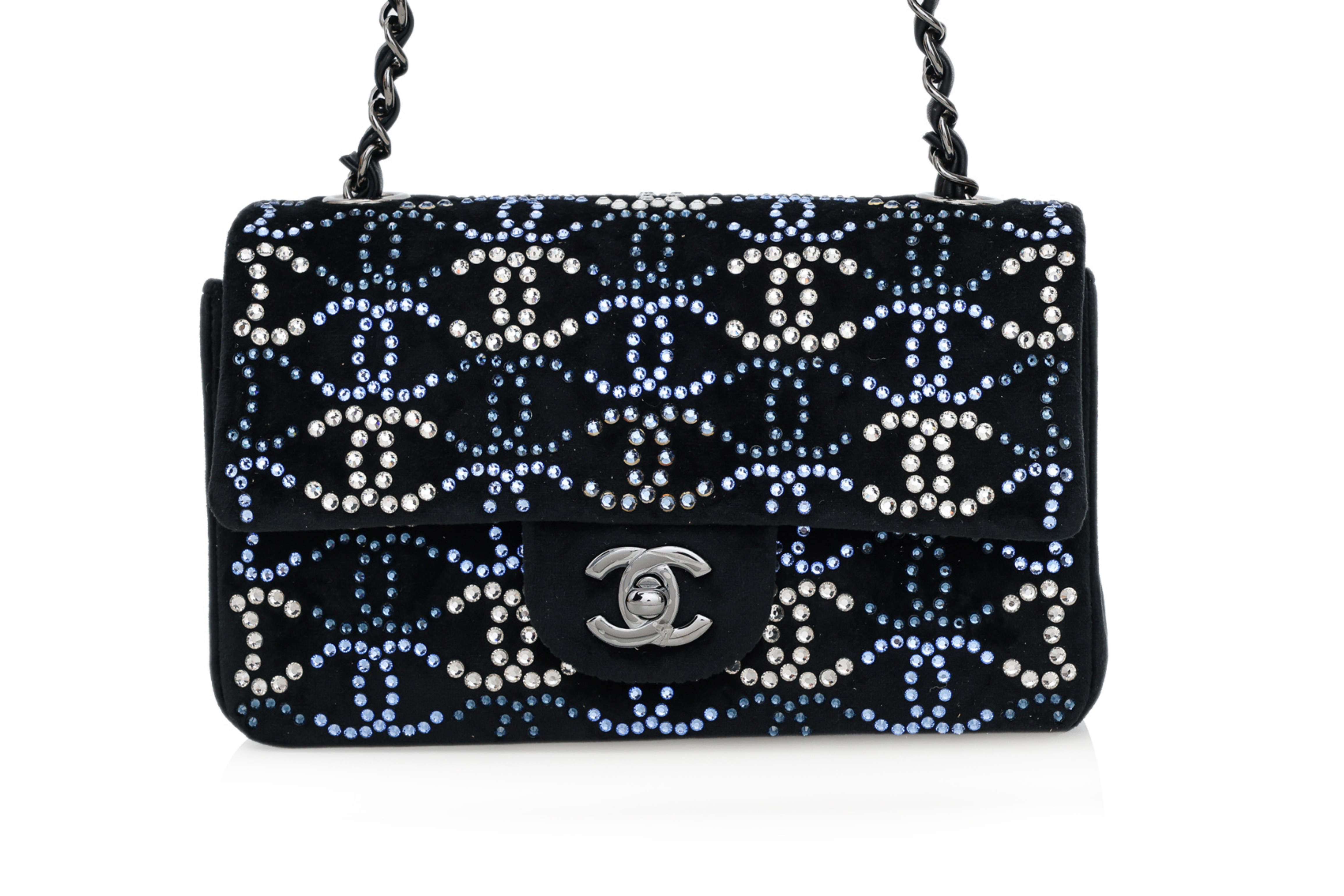 CHANEL MINI FLAP BAG IN BLACK VELVET WITH CRYSTAL CC EMBELLISHMENTS, 2020