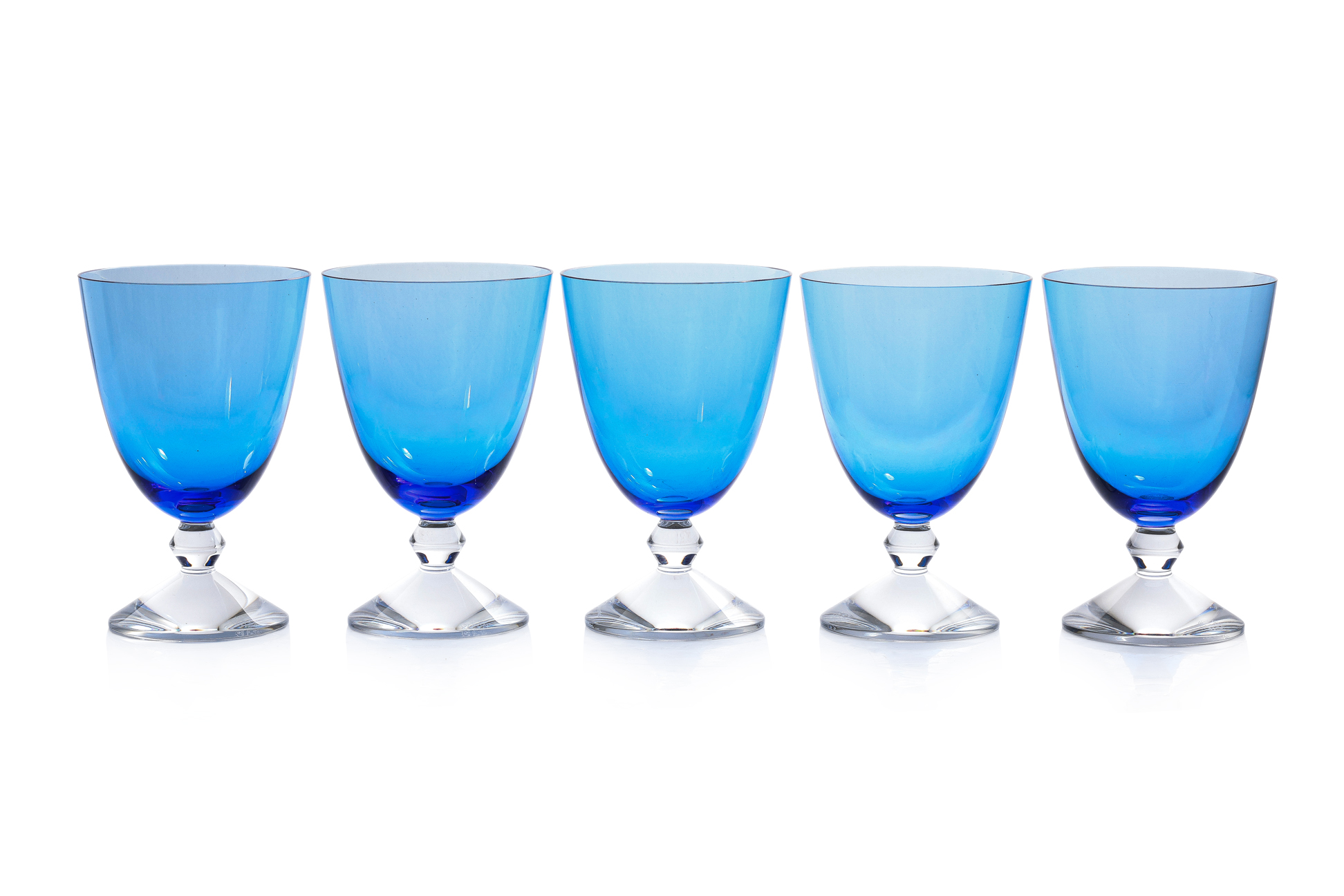 A SET OF FIVE BACCARAT 'VEGA' BLUE GLASS WINE GLASSES