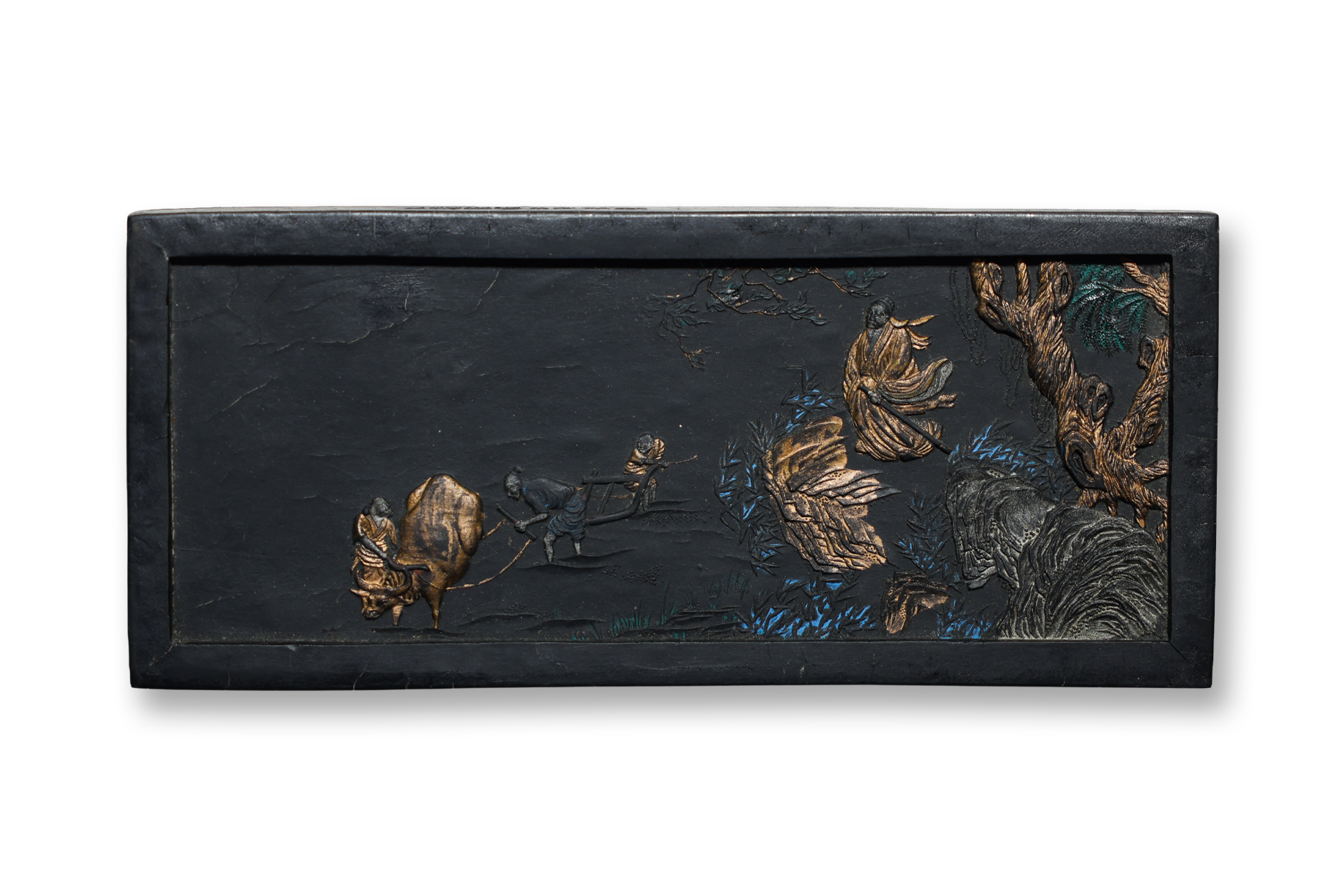 A POLYCHROME DECORATED INK CAKE
