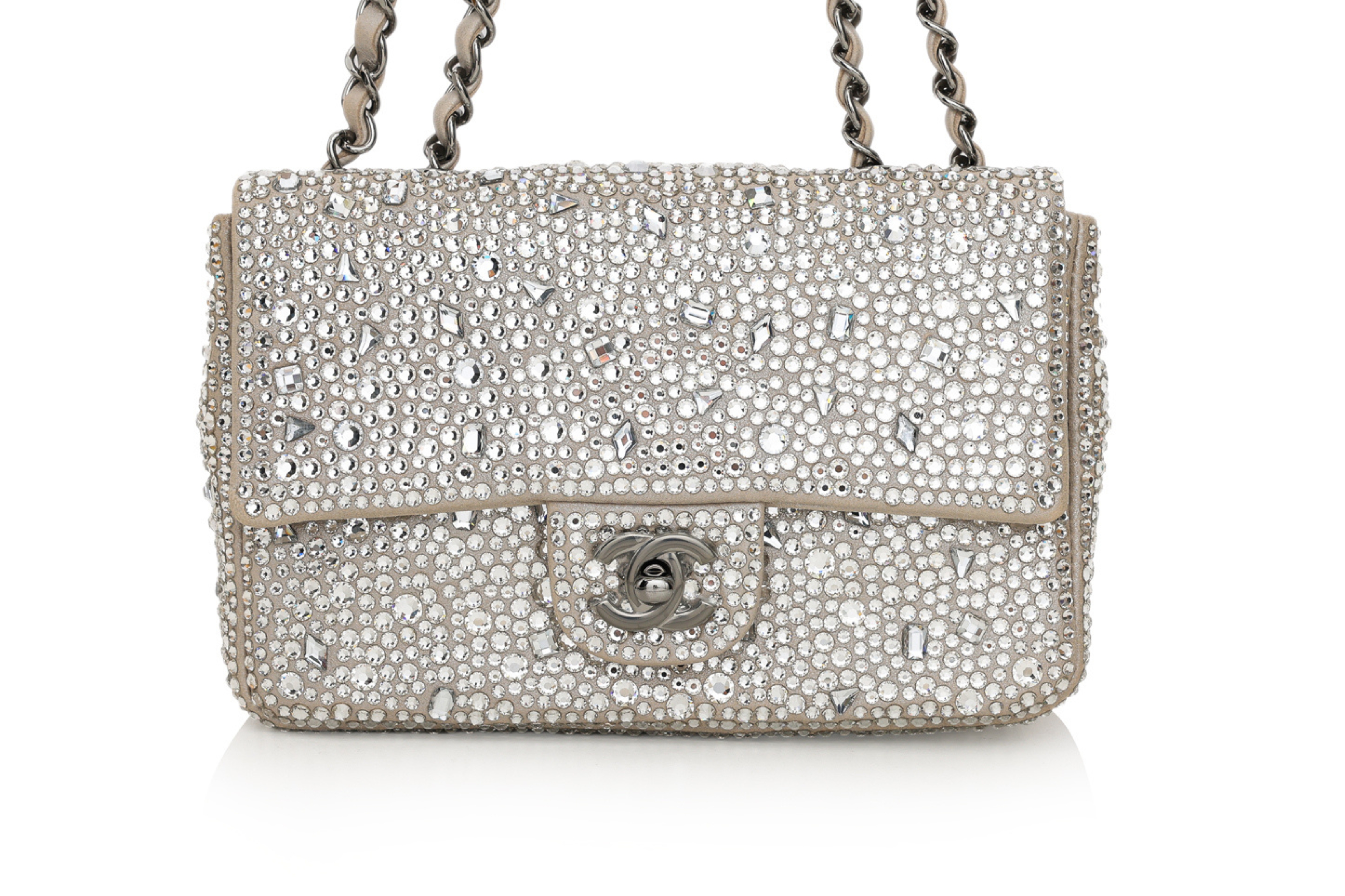 CHANEL MINI FLAP BAG IN LIGHT BEIGE GOATSKIN WITH RHINESTONE EMBELLISHMENTS, 2020