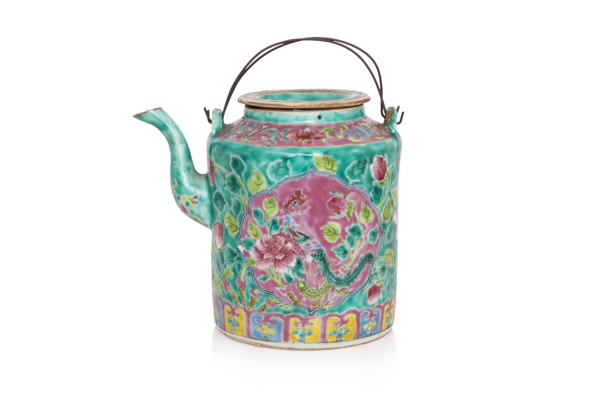 A FAMILLE ROSE GREEN GROUND 'PHOENIX AND PEONY' TEAPOT AND COVER