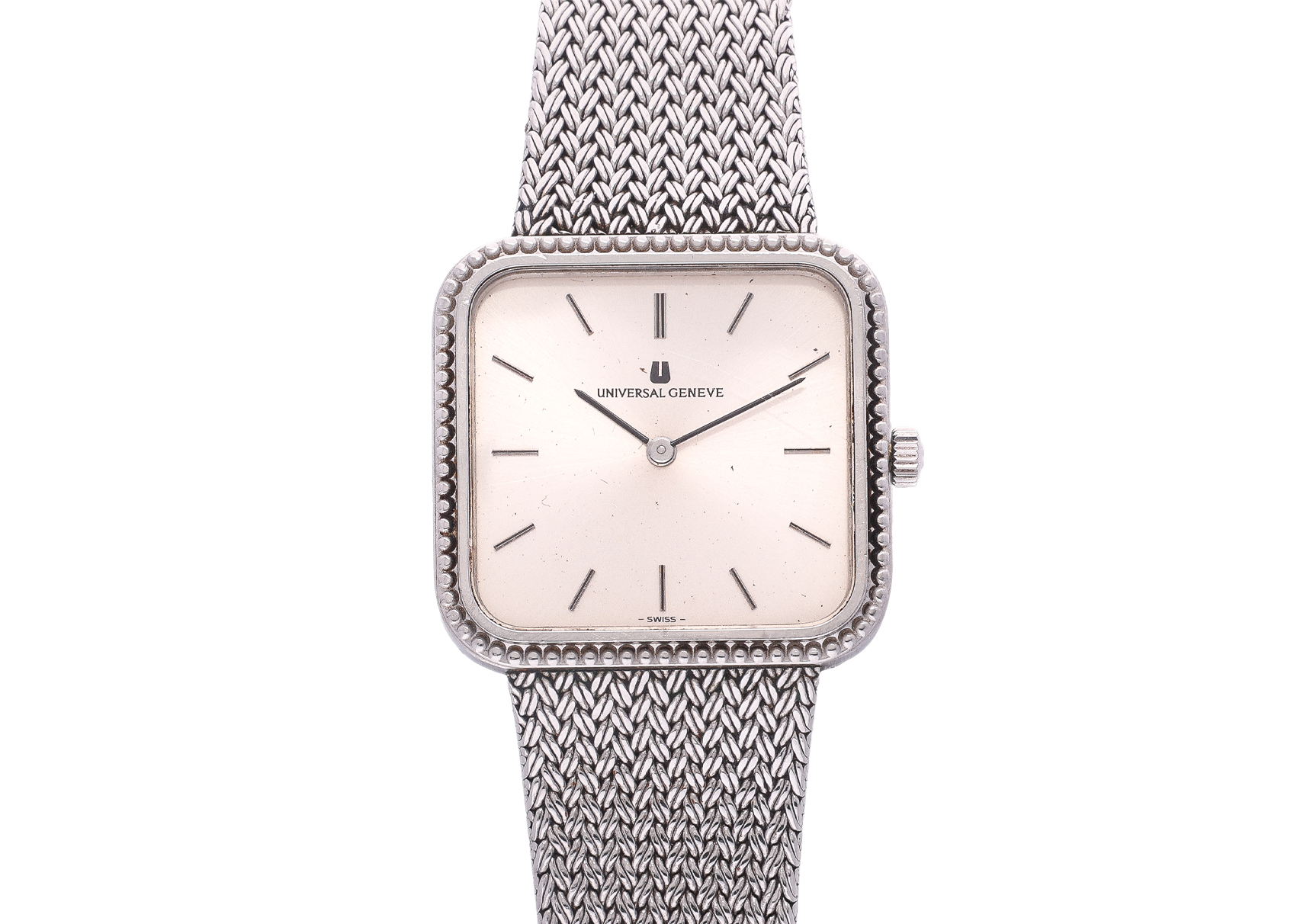 UNIVERSAL GENEVE - A SQUARE SILVER-TONE WRISTWATCH