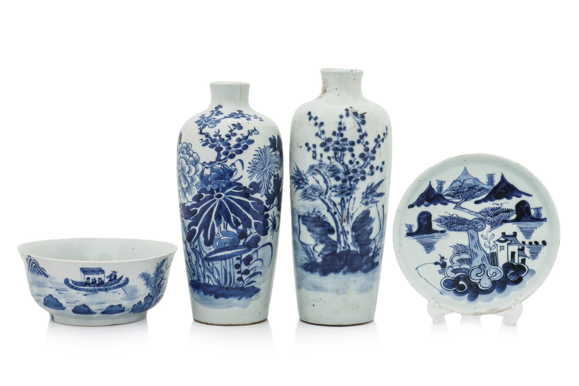 FOUR BLEU DE HUE PORCELAIN WARES