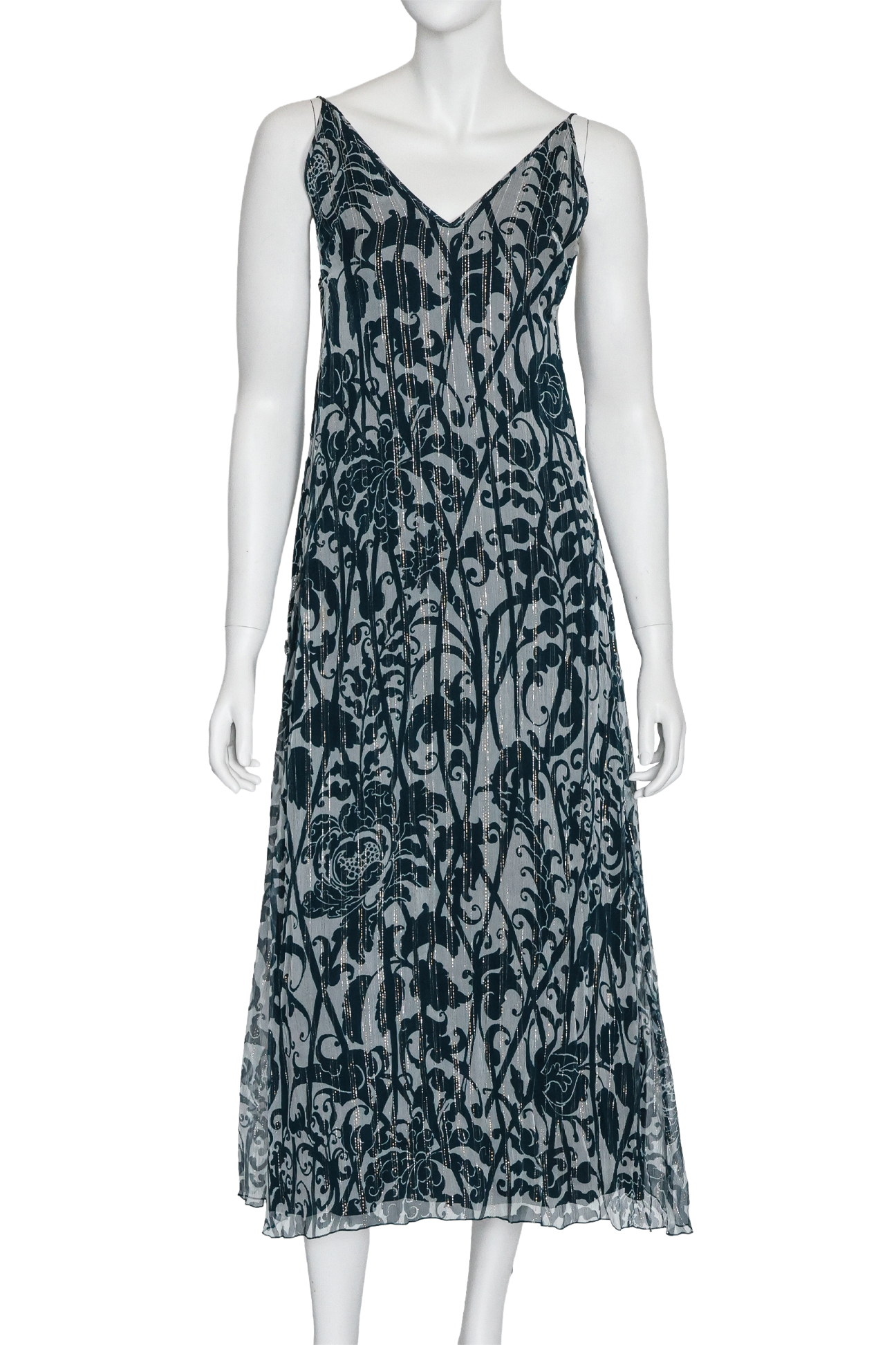 DRIES VAN NOTEN - A BLUE AND SILVER FLORAL PRINT SILK BLEND DRESS
