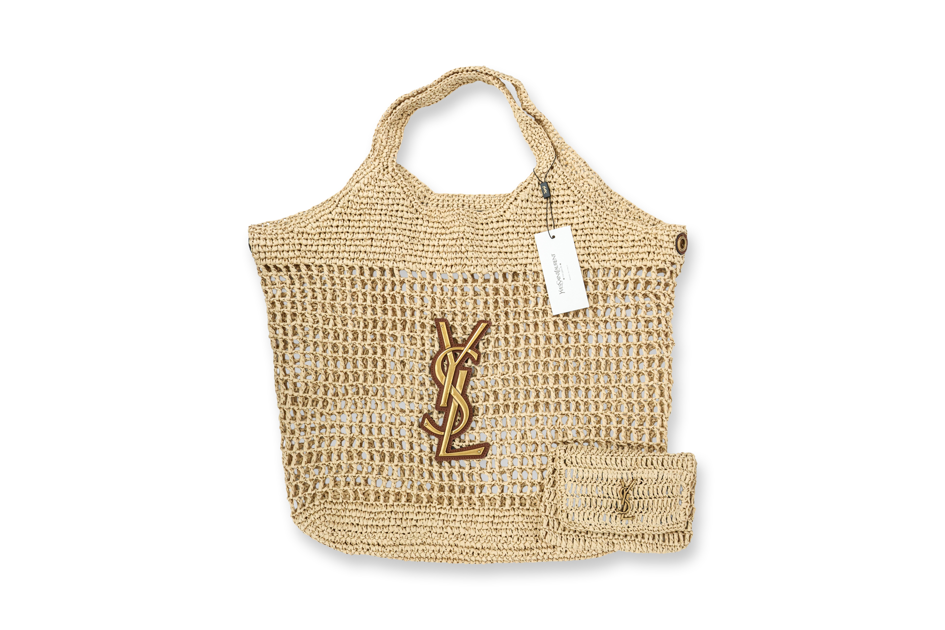 SAINT LAURENT - A NATURAL RAFFIA CROCHET TOTE BAG