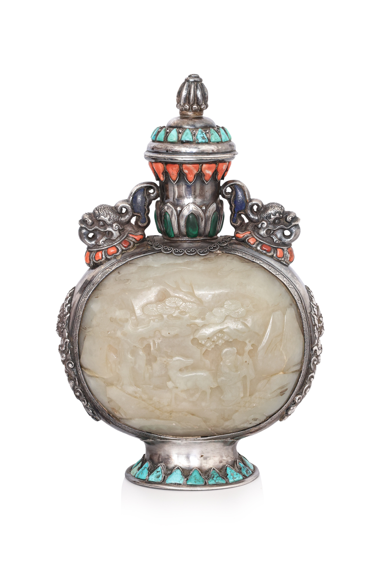 A MONGOLIAN JADE AND GEMSTONE INSET SILVER FLASK AND COVER