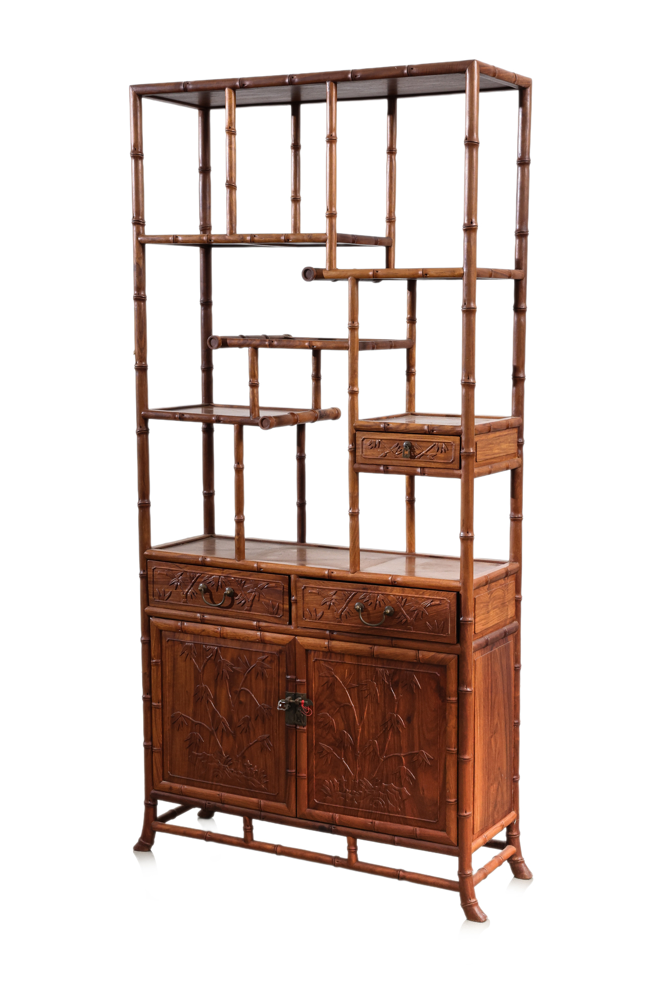A CHINESE BAMBOO CARVED HARDWOOD DISPLAY CABINET