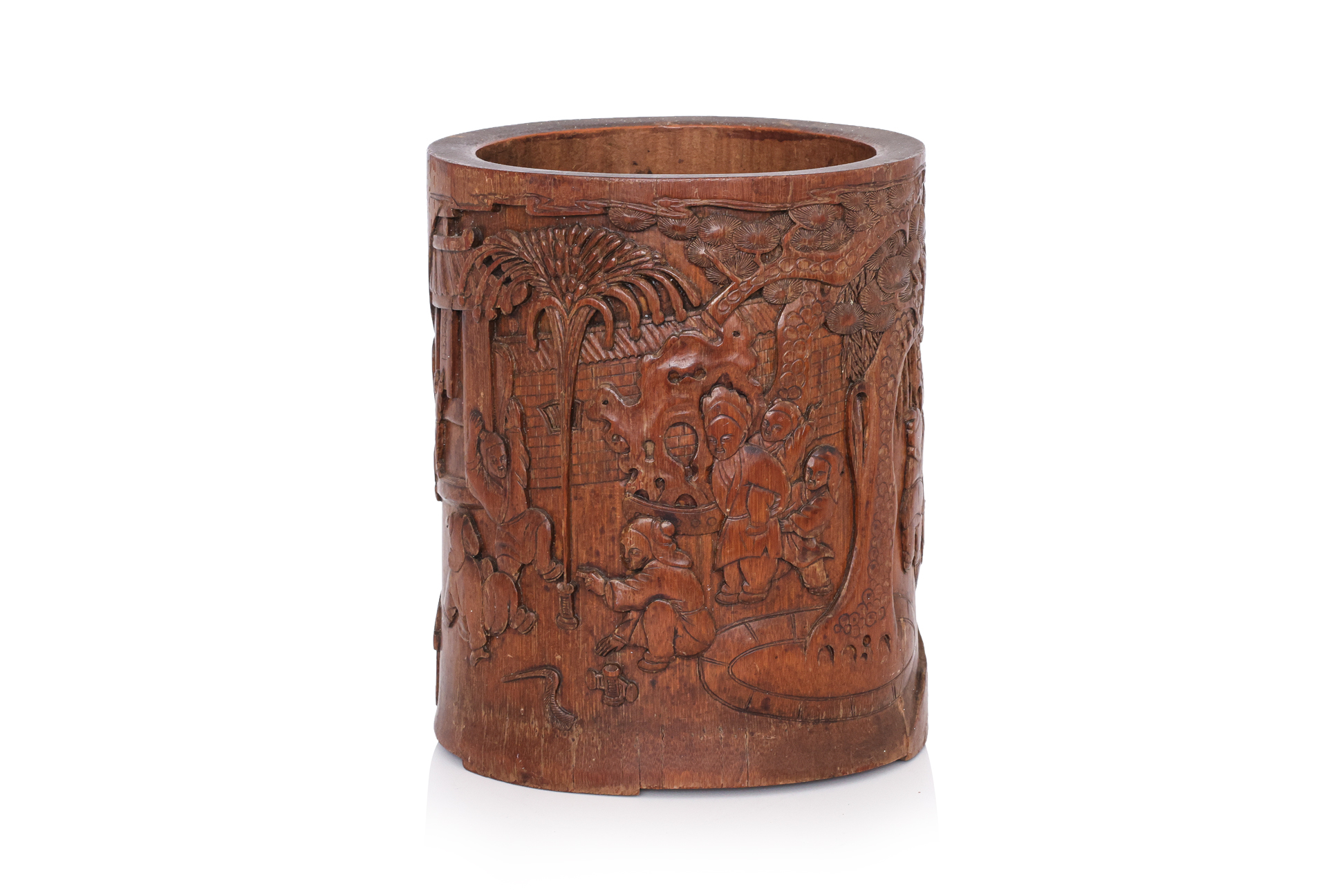 A BAMBOO BRUSH POT WITH DECORATION OF BOYS AND FIREWORKS
