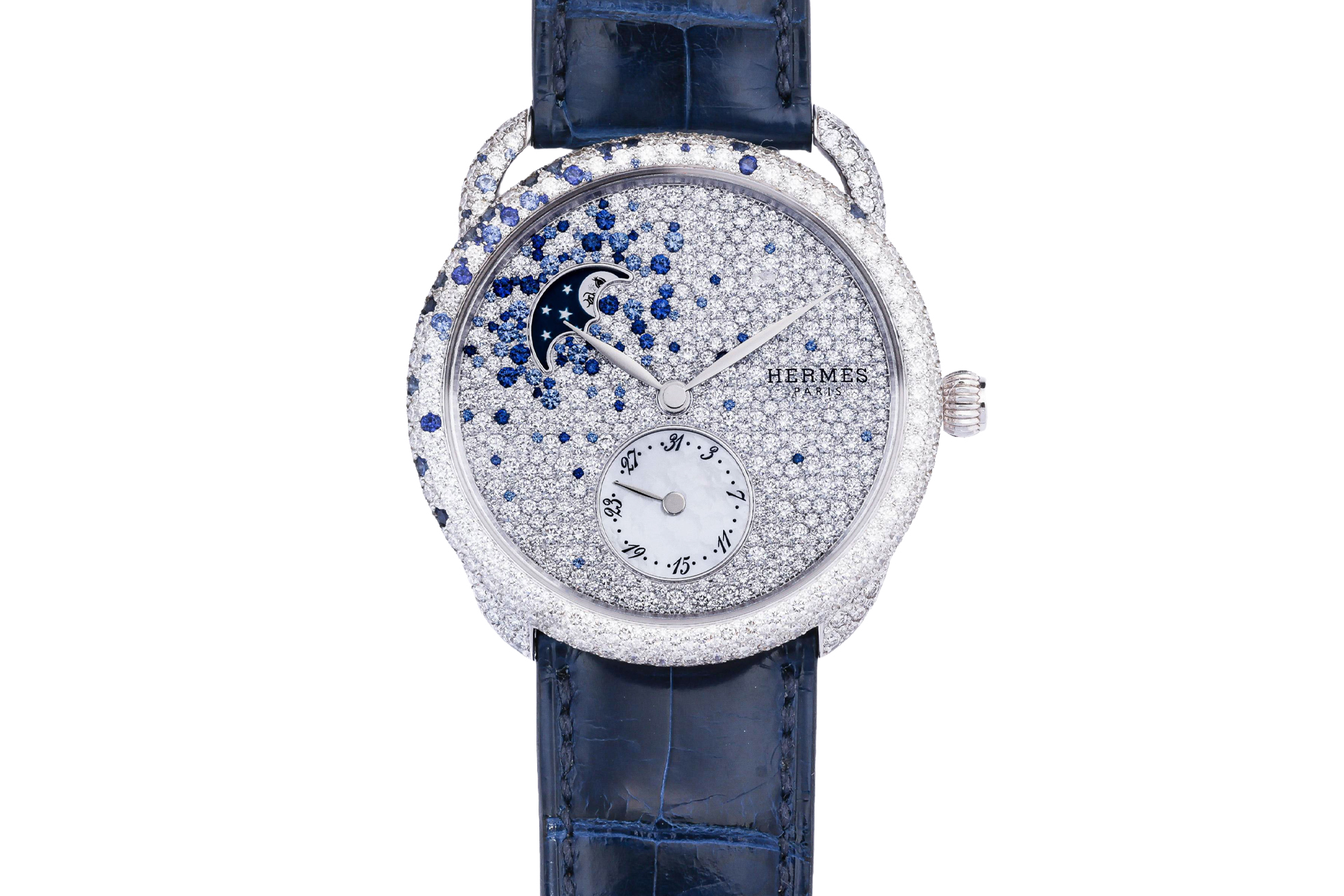 HERMES - AN 18K WHITE GOLD DIAMOND AND SAPPHIRE SET 'ARCEAU PETITE LUNE' WRISTWATCH