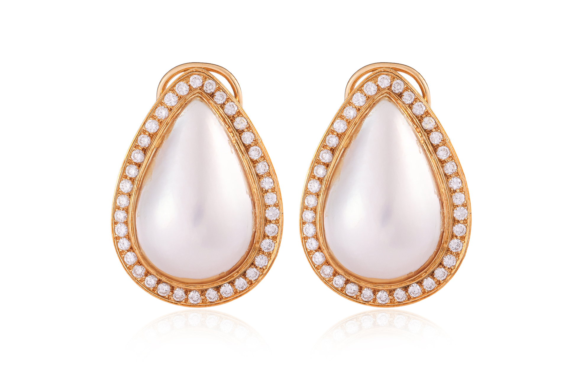 A PAIR OF MABE CULTURED PEARL AND DIAMOND EARRINGS