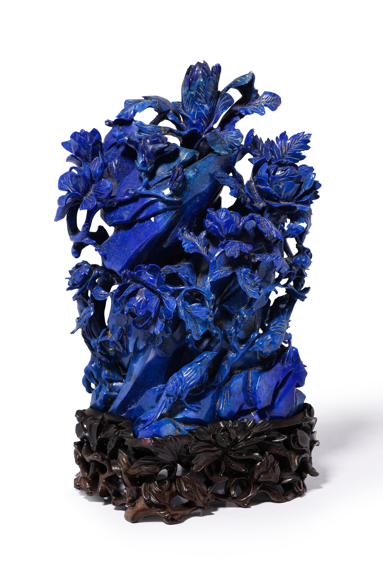 A LAPIS LAZULI BIRD AND FLOWER GROUP