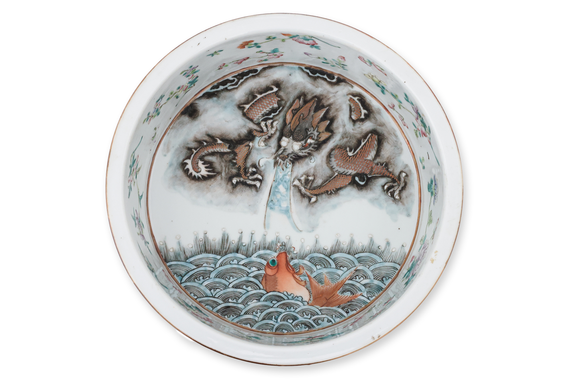 A CORAL GROUND CARP AND DRAGON DECORATED BASIN