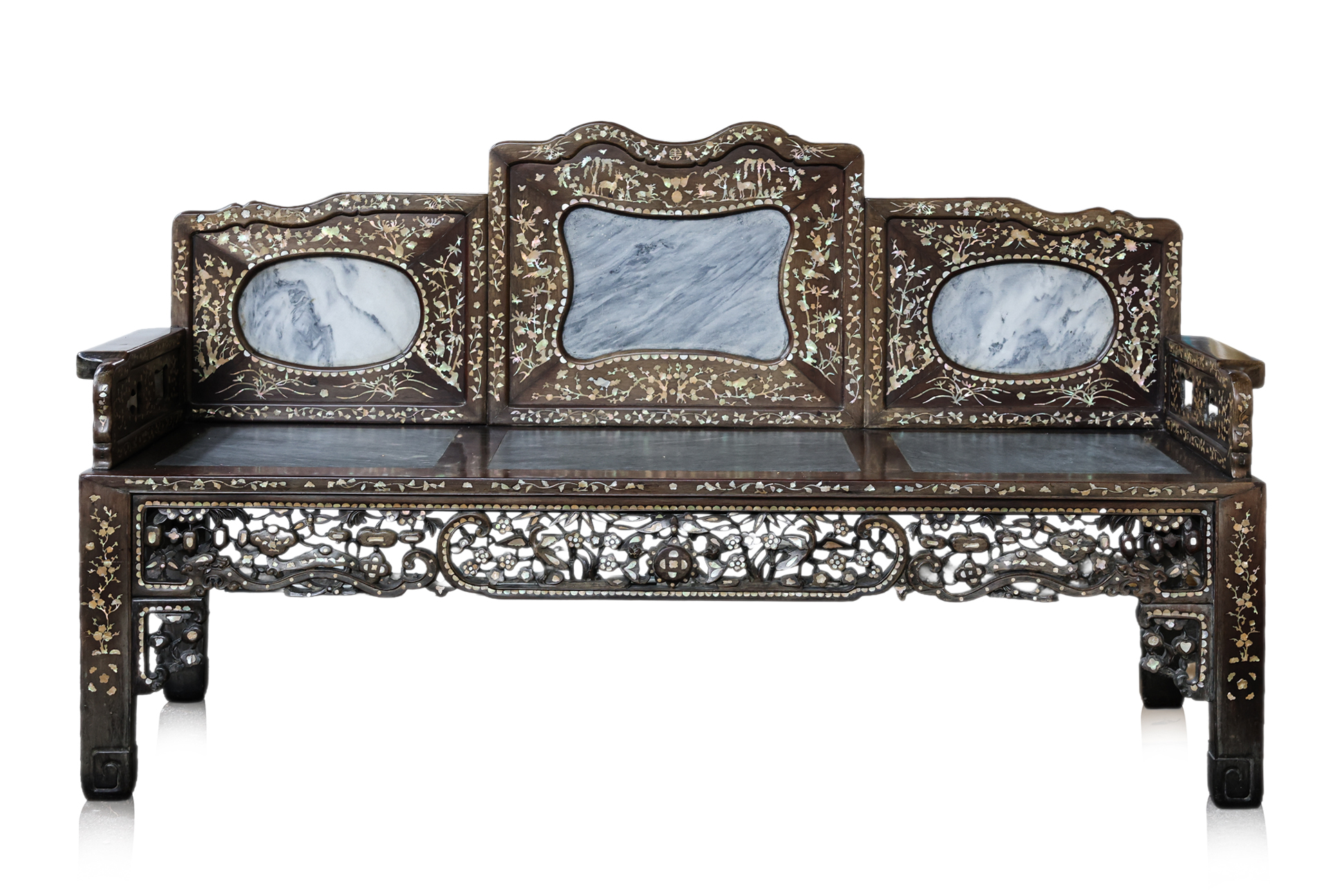 A BLACKWOOD AND MARBLE-INSET BENCH WITH MOTHER OF PEARL INLAY