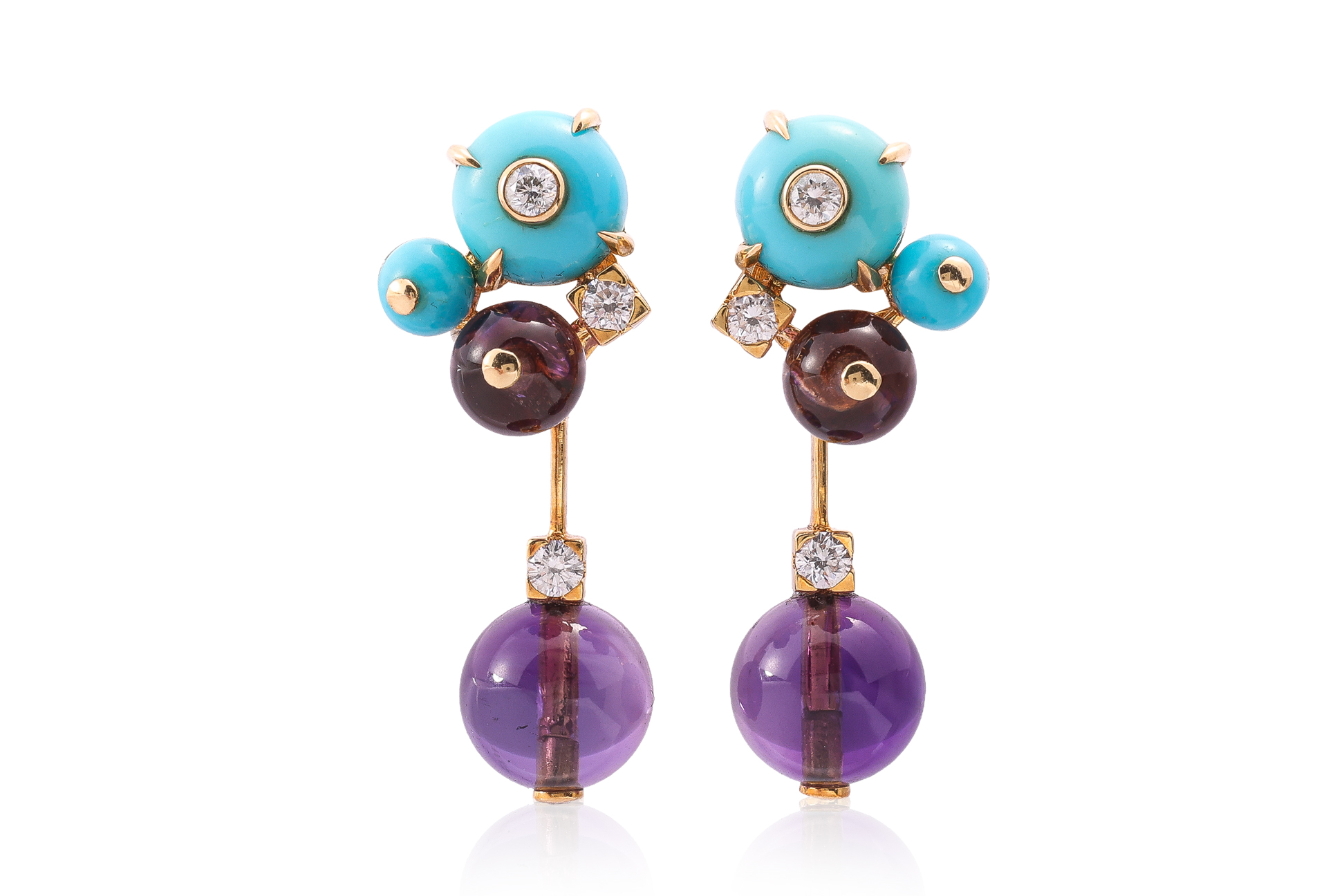 A PAIR OF AMETHYST, TURQUOISE AND DIAMOND EARRINGS