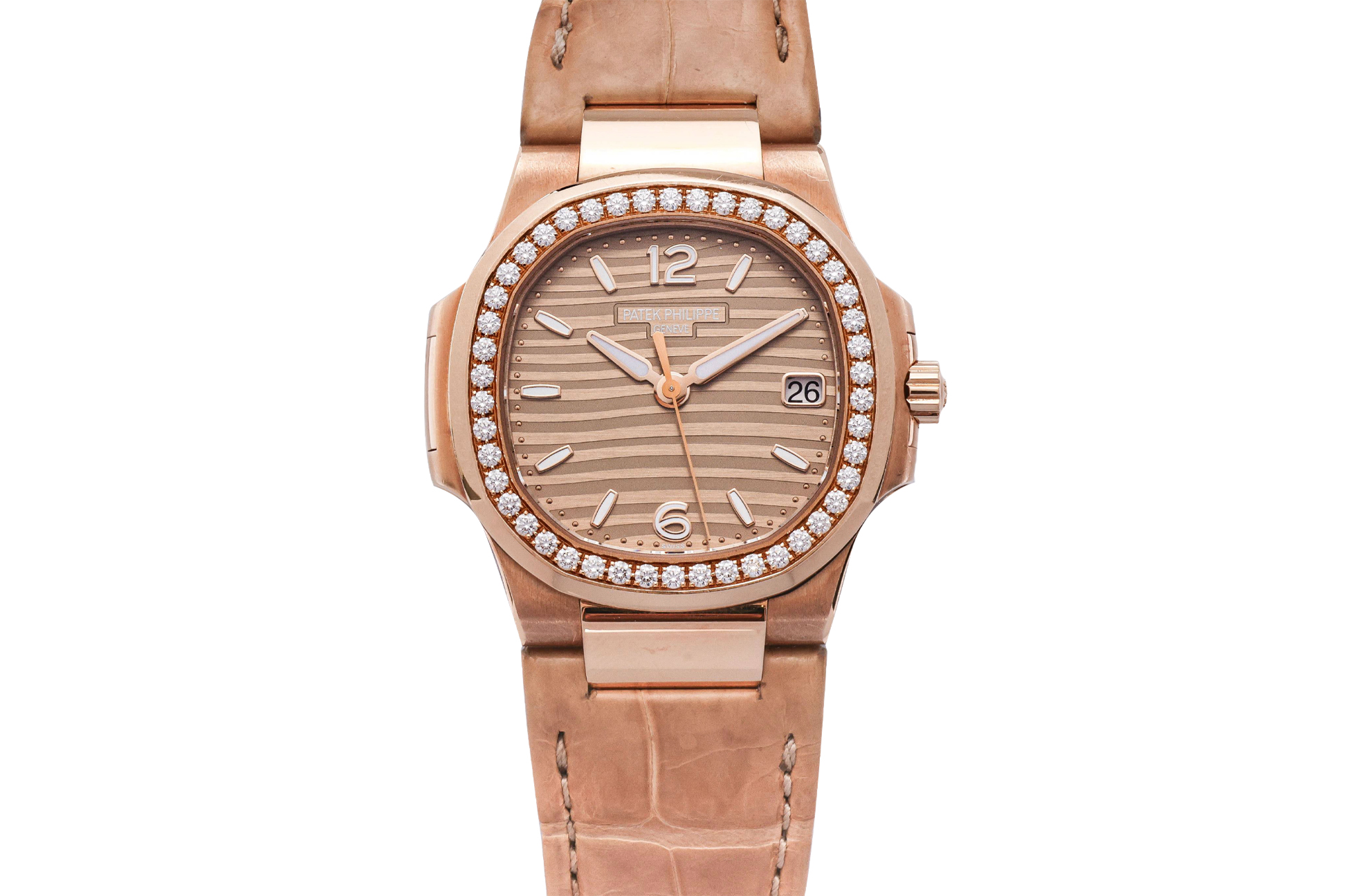 PATEK PHILIPPE - AN 18K ROSE GOLD DIAMOND 'NAUTILUS' LADIES QUARTZ WRISTWATCH