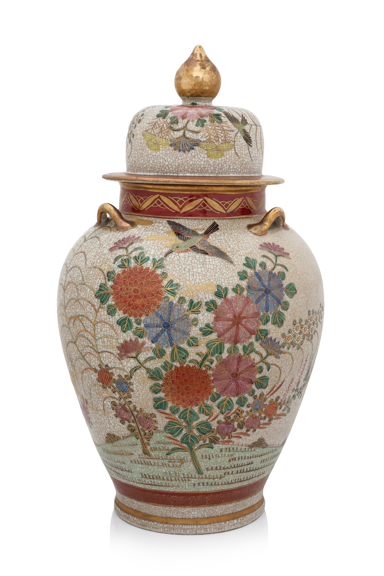 A LARGE SATSUMA JAR AND COVER