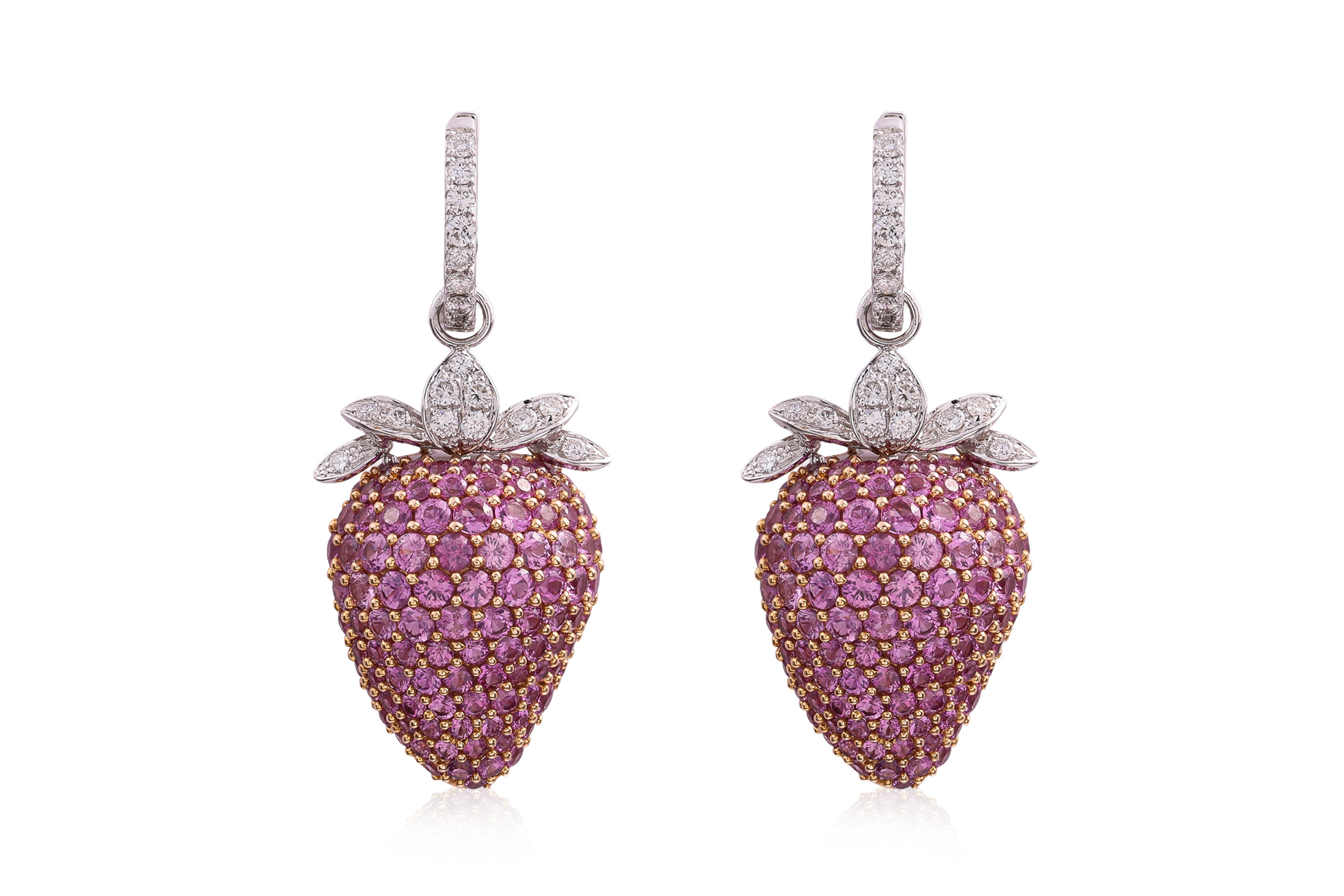 A PAIR OF PINK SAPPHIRE AND DIAMOND 'STRAWBERRY' HOOP EARRINGS