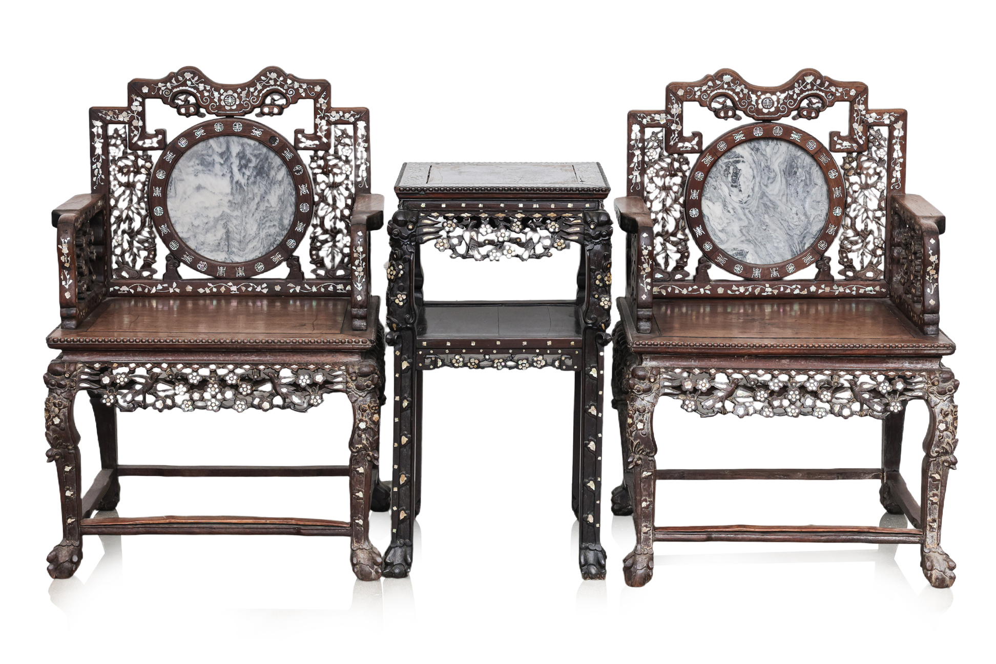 A PAIR OF MARBLE INSET AND MOTHER OF PEARL INLAID BLACKWOOD ARMCHAIRS AND TABLE